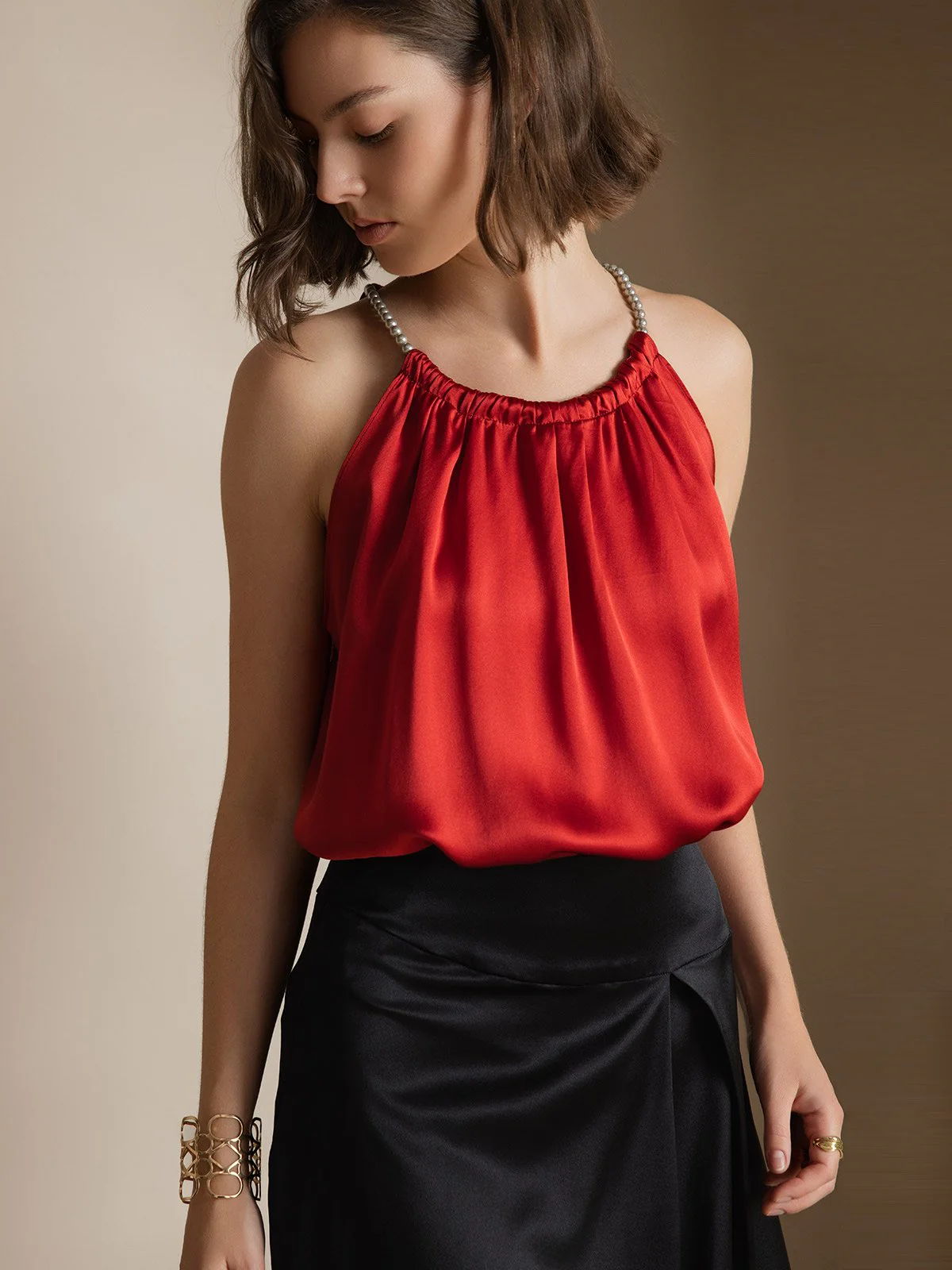 Clearance(Ships to UK Only) - 19Momme Silk Relaxed Pearl-tie Neck Tank Top - Image 3