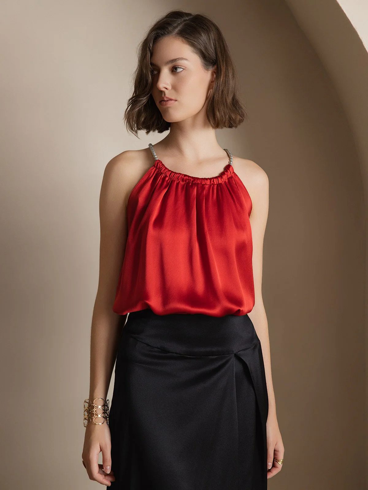 Clearance(Ships to UK Only) - 19Momme Silk Relaxed Pearl-tie Neck Tank Top - Image 5