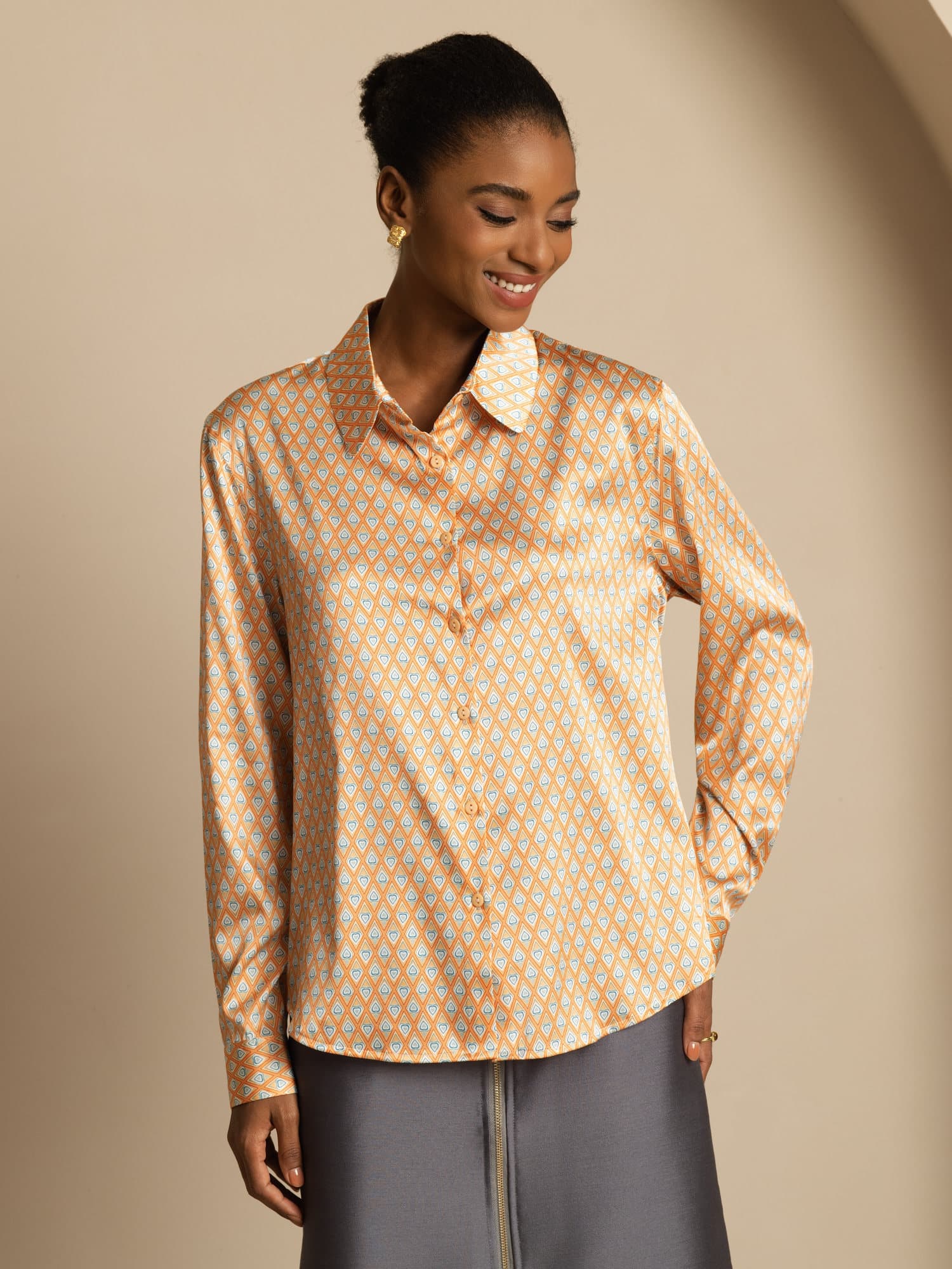 19Momme Silk Geometric Print Long Sleeve Lapel Collar Women's Shirt - Image 3