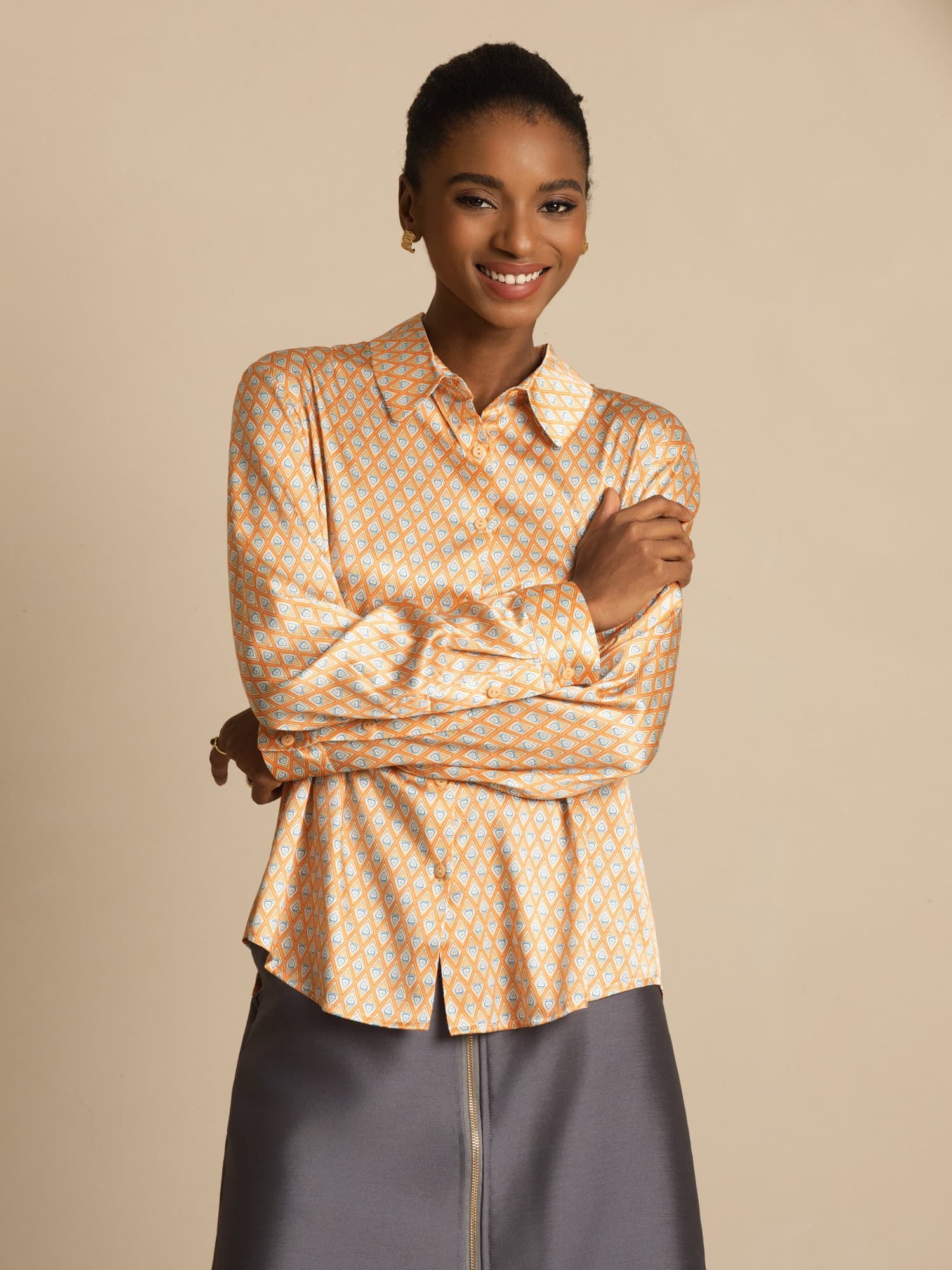 19Momme Silk Geometric Print Long Sleeve Lapel Collar Women's Shirt - Image 5