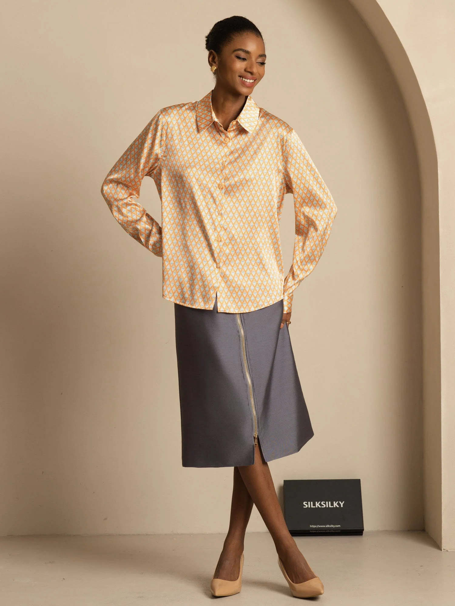 19Momme Silk Geometric Print Long Sleeve Lapel Collar Women's Shirt - Image 6