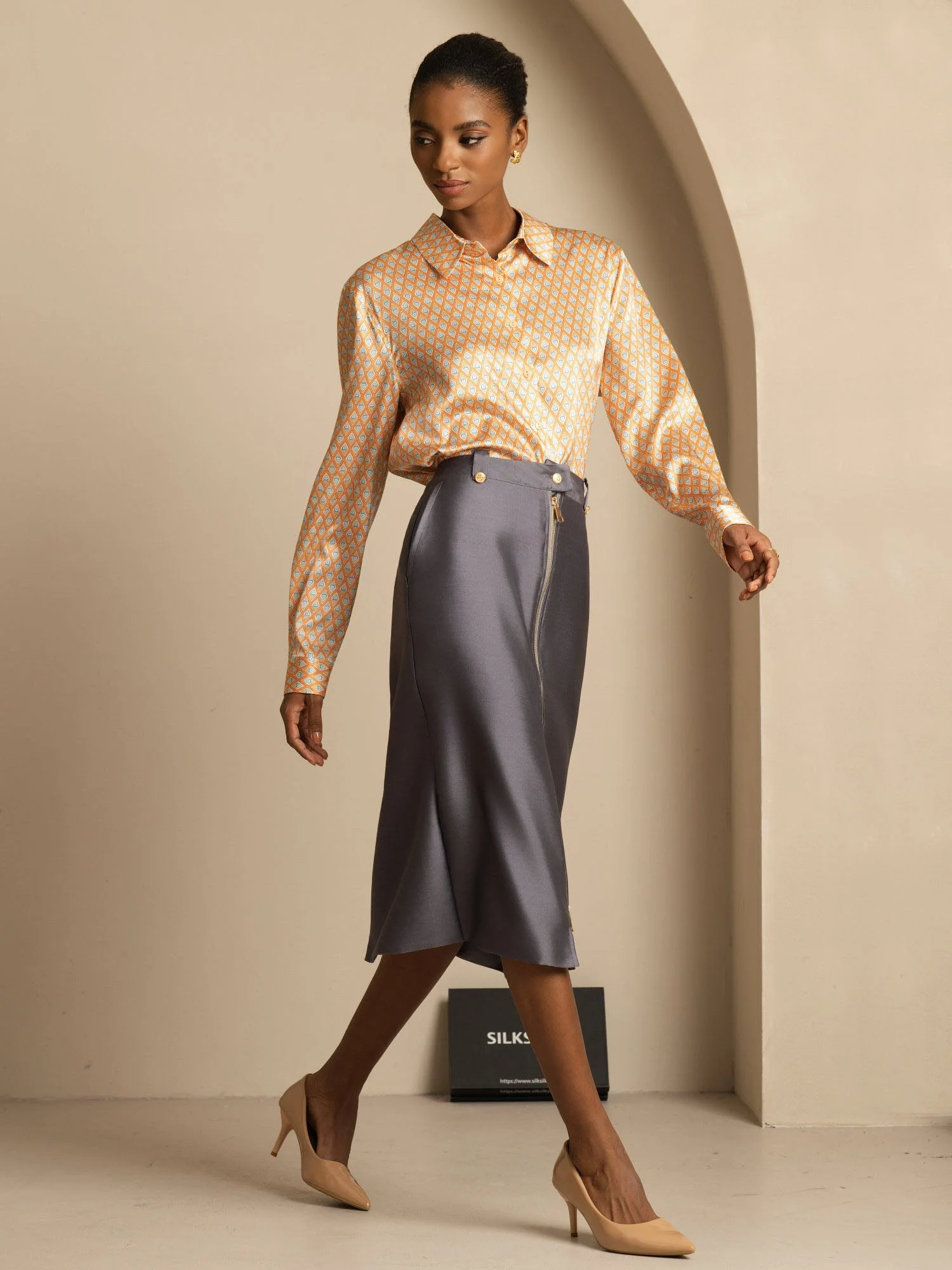 19Momme Silk Geometric Print Long Sleeve Lapel Collar Women's Shirt - Image 7