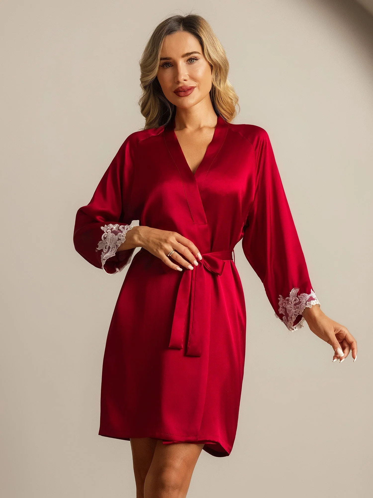 Silk Lace Cuffs Dressing Gown Wrap Kimono Belted with 3/4 Sleeves - Image 10