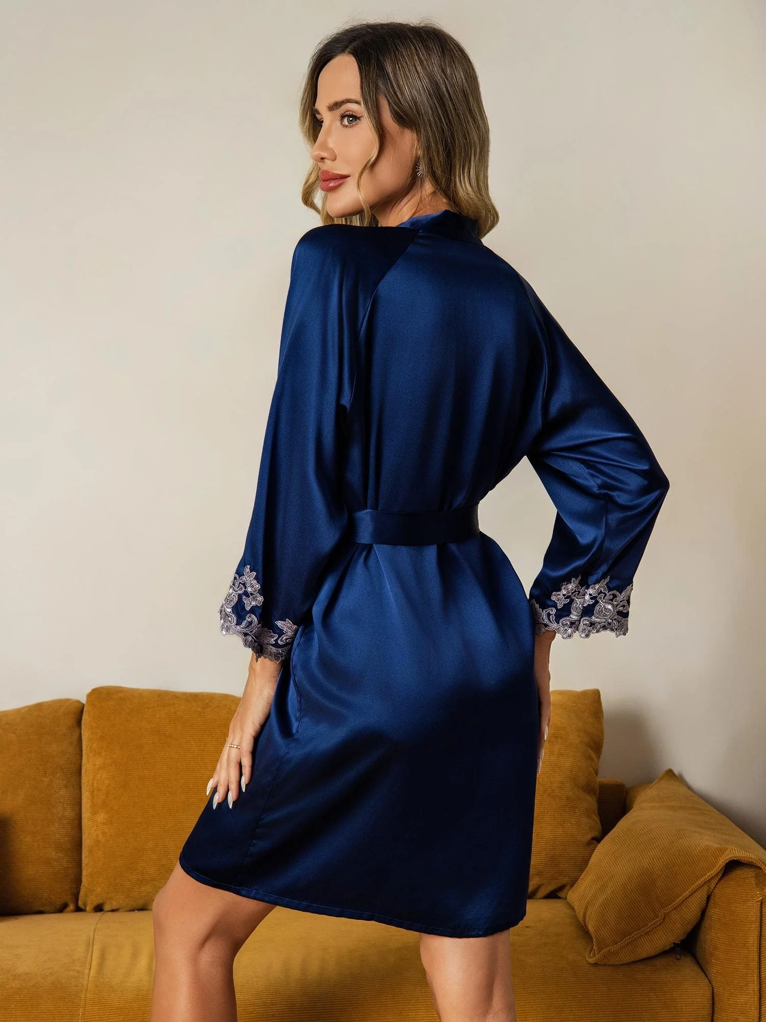 Silk Lace Cuffs Dressing Gown Wrap Kimono Belted with 3/4 Sleeves - Image 13