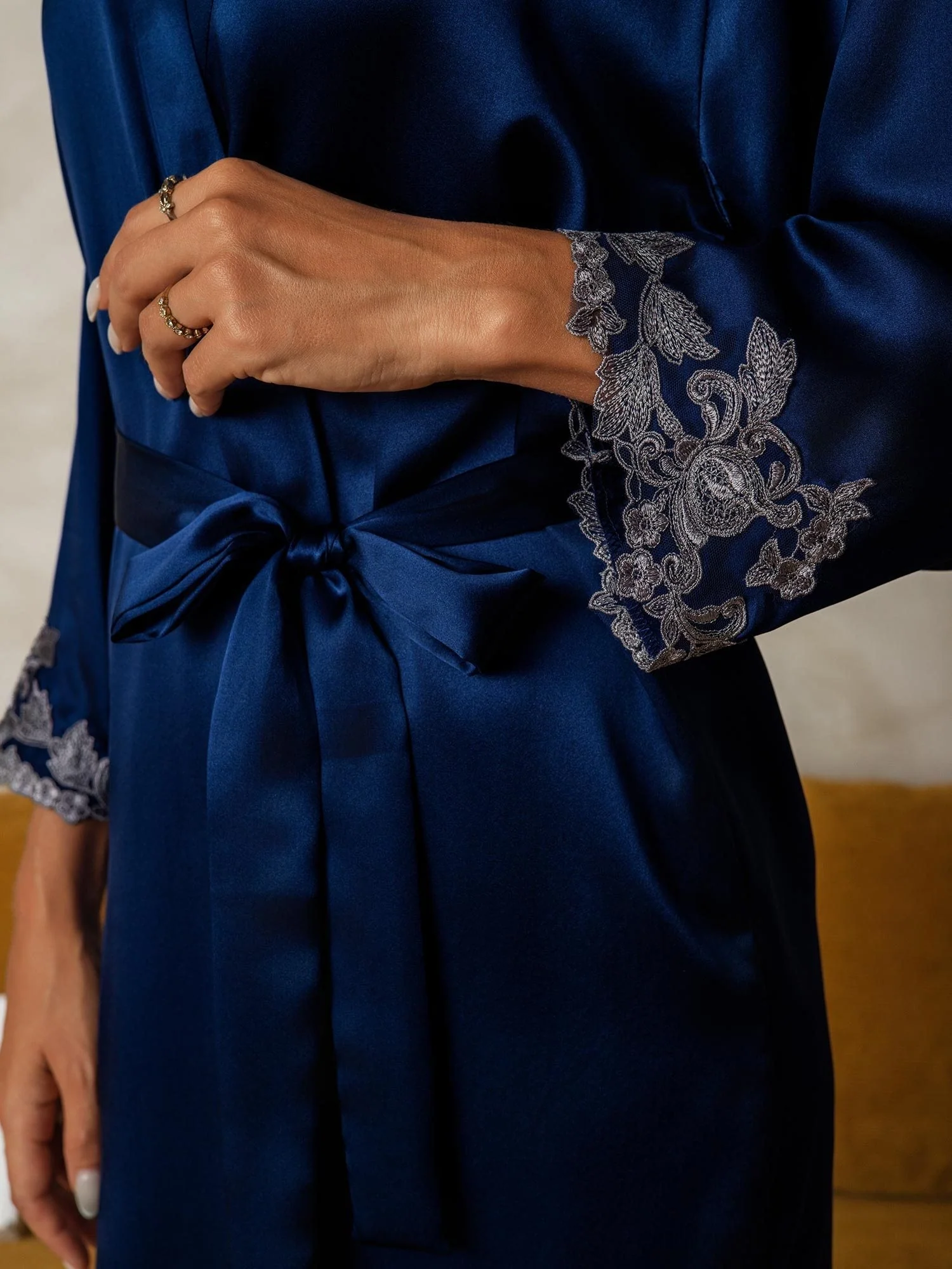 Silk Lace Cuffs Dressing Gown Wrap Kimono Belted with 3/4 Sleeves - Image 14