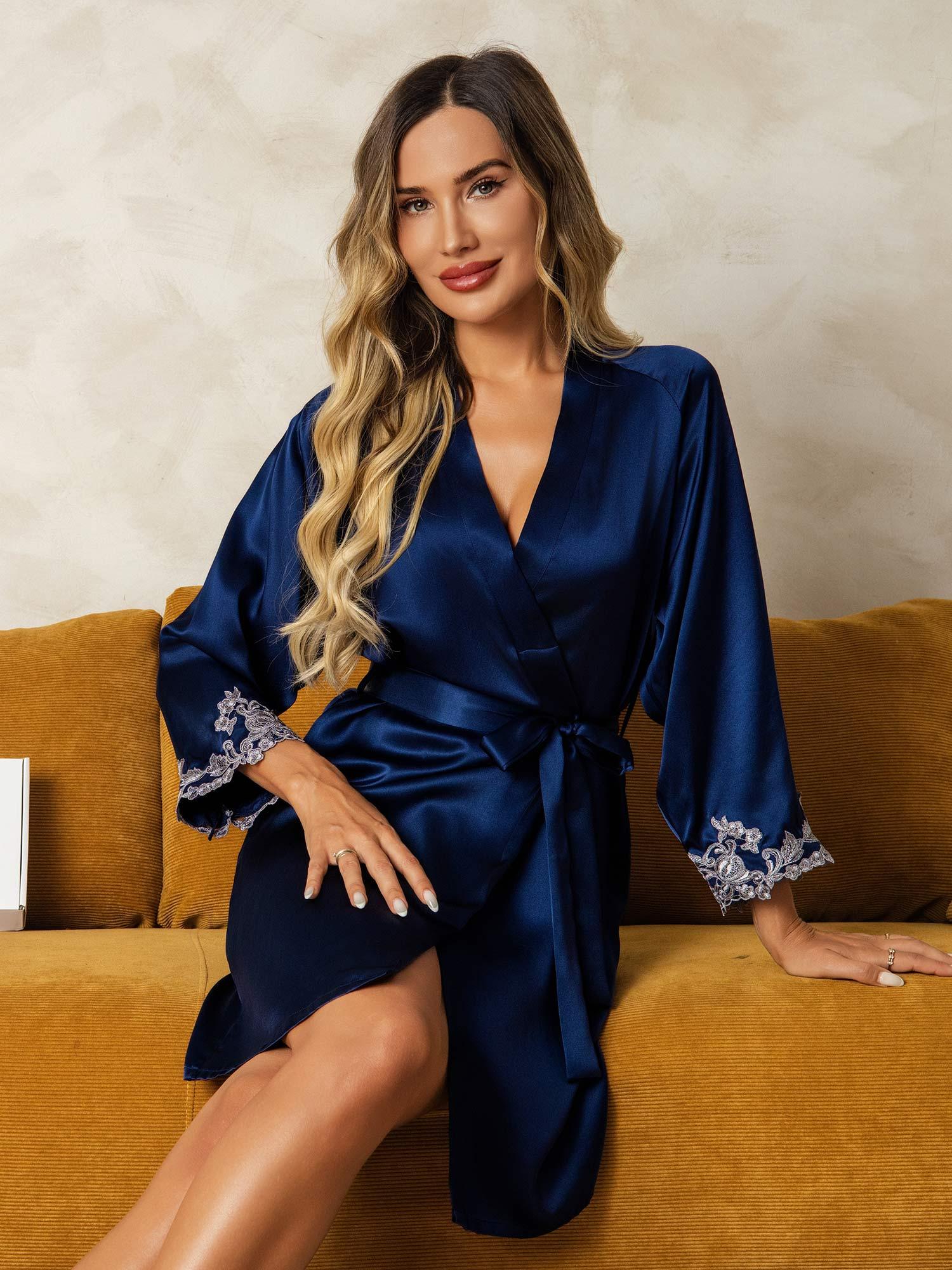 Silk Lace Cuffs Dressing Gown Wrap Kimono Belted with 3/4 Sleeves - Image 15