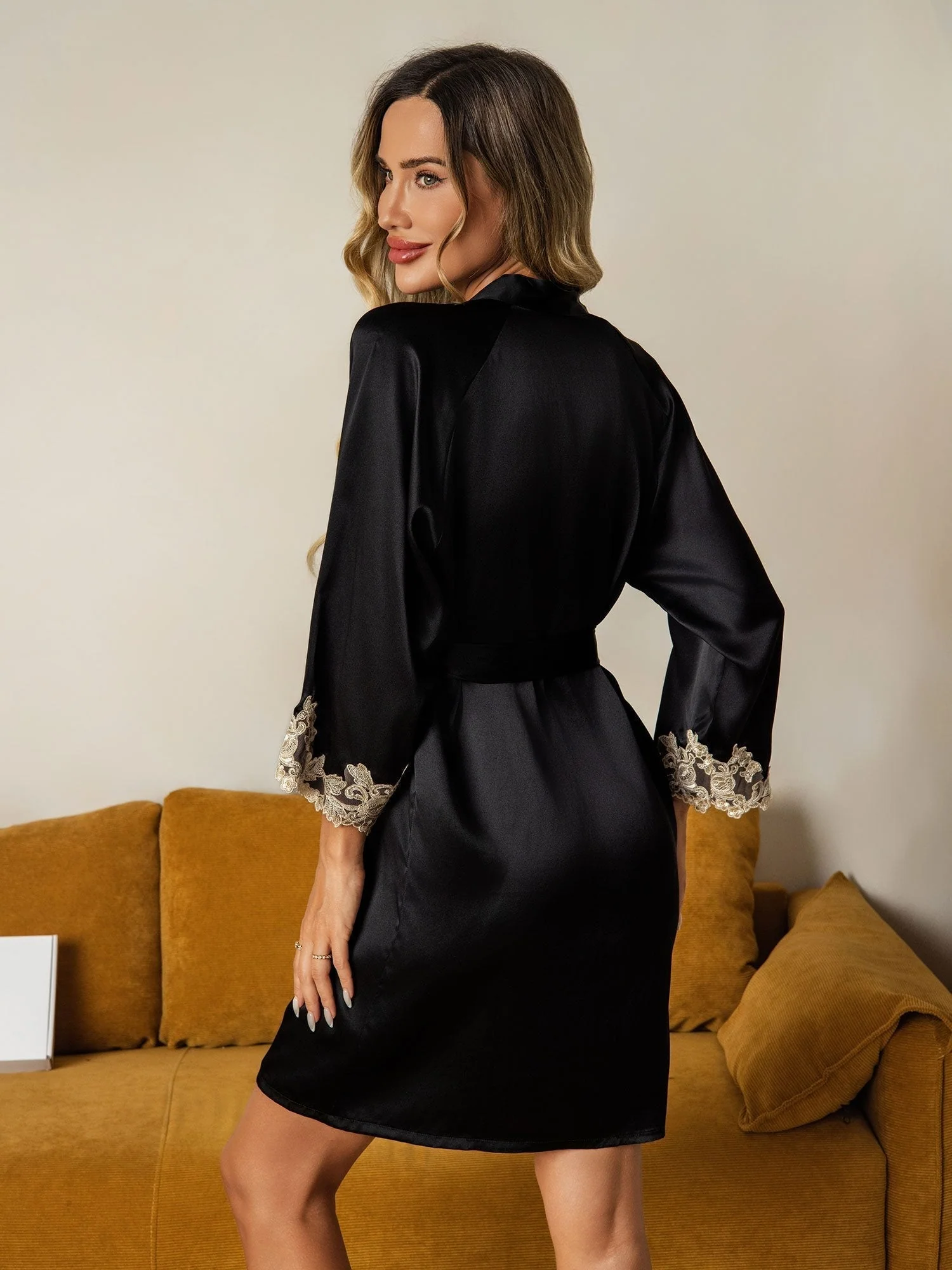 Silk Lace Cuffs Dressing Gown Wrap Kimono Belted with 3/4 Sleeves - Image 19
