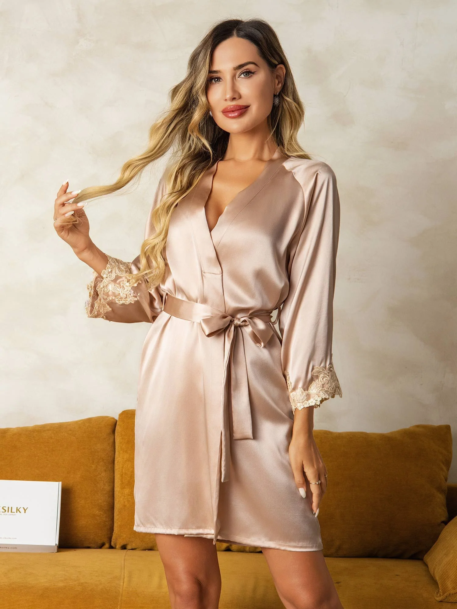 Silk Lace Cuffs Dressing Gown Wrap Kimono Belted with 3/4 Sleeves - Image 3