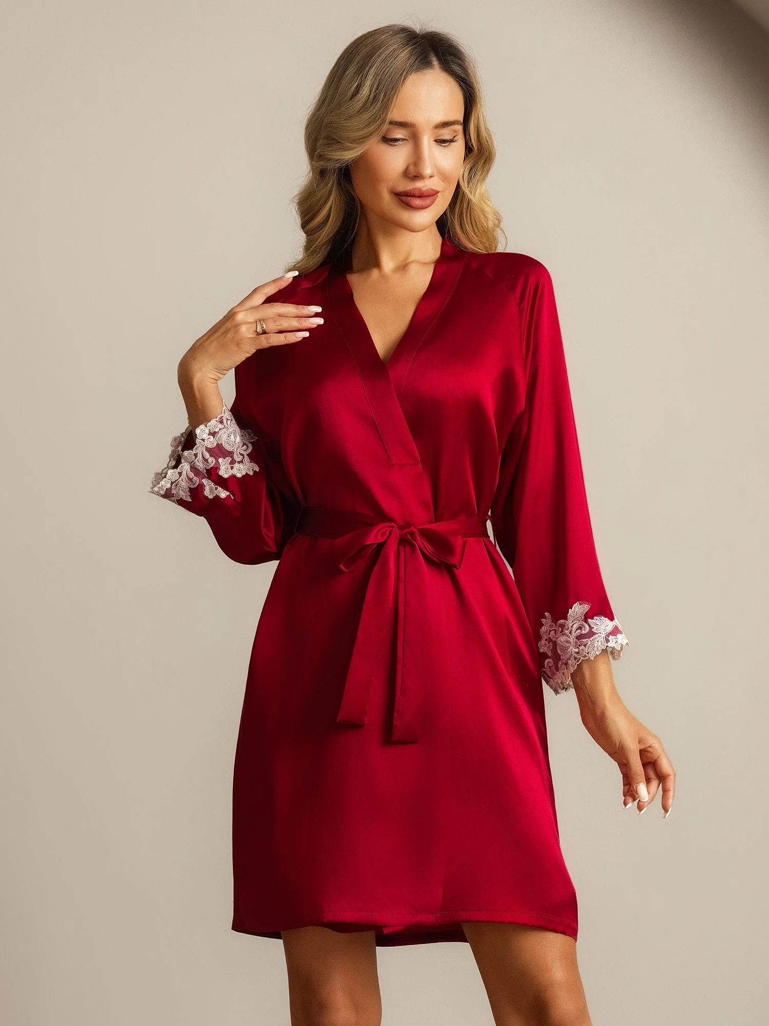 Silk Lace Cuffs Dressing Gown Wrap Kimono Belted with 3/4 Sleeves - Image 7