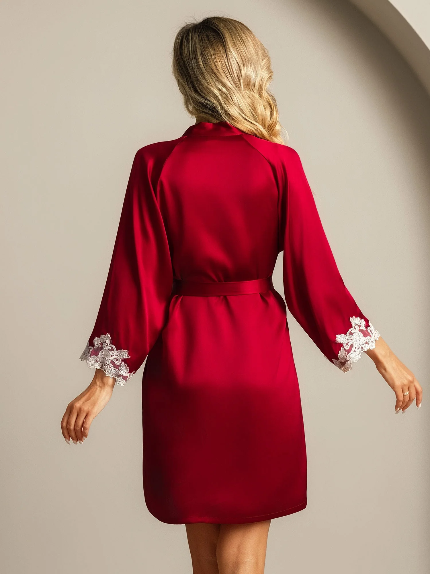 Silk Lace Cuffs Dressing Gown Wrap Kimono Belted with 3/4 Sleeves - Image 8