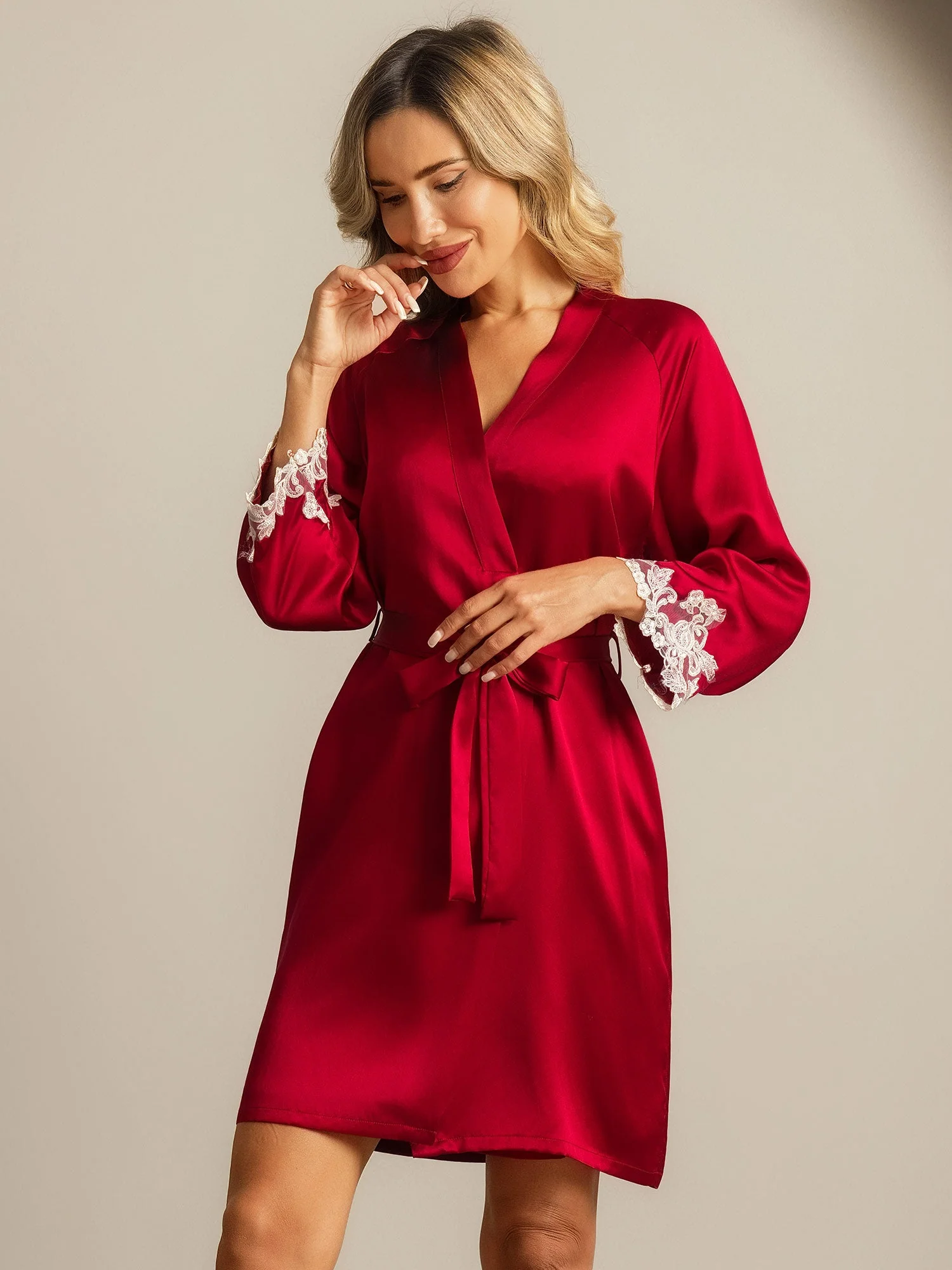 Silk Lace Cuffs Dressing Gown Wrap Kimono Belted with 3/4 Sleeves - Image 9