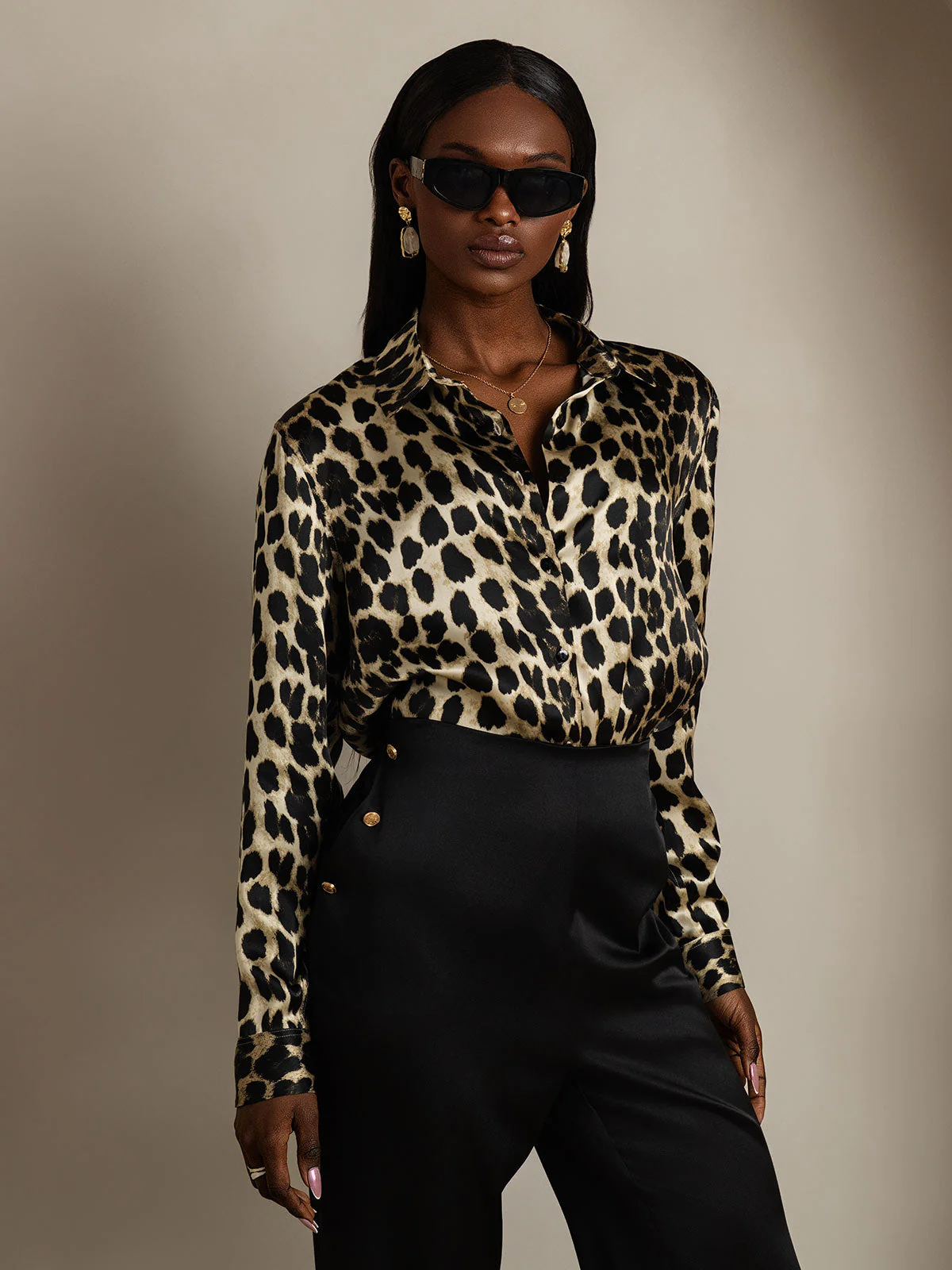 19Momme Silk Leopard Print Long Sleeve Lapel Collar Women's Shirt - Image 4