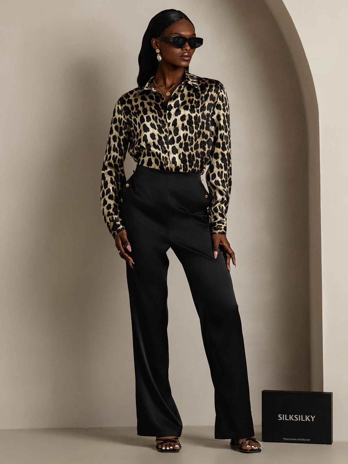 19Momme Silk Leopard Print Long Sleeve Lapel Collar Women's Shirt - Image 8