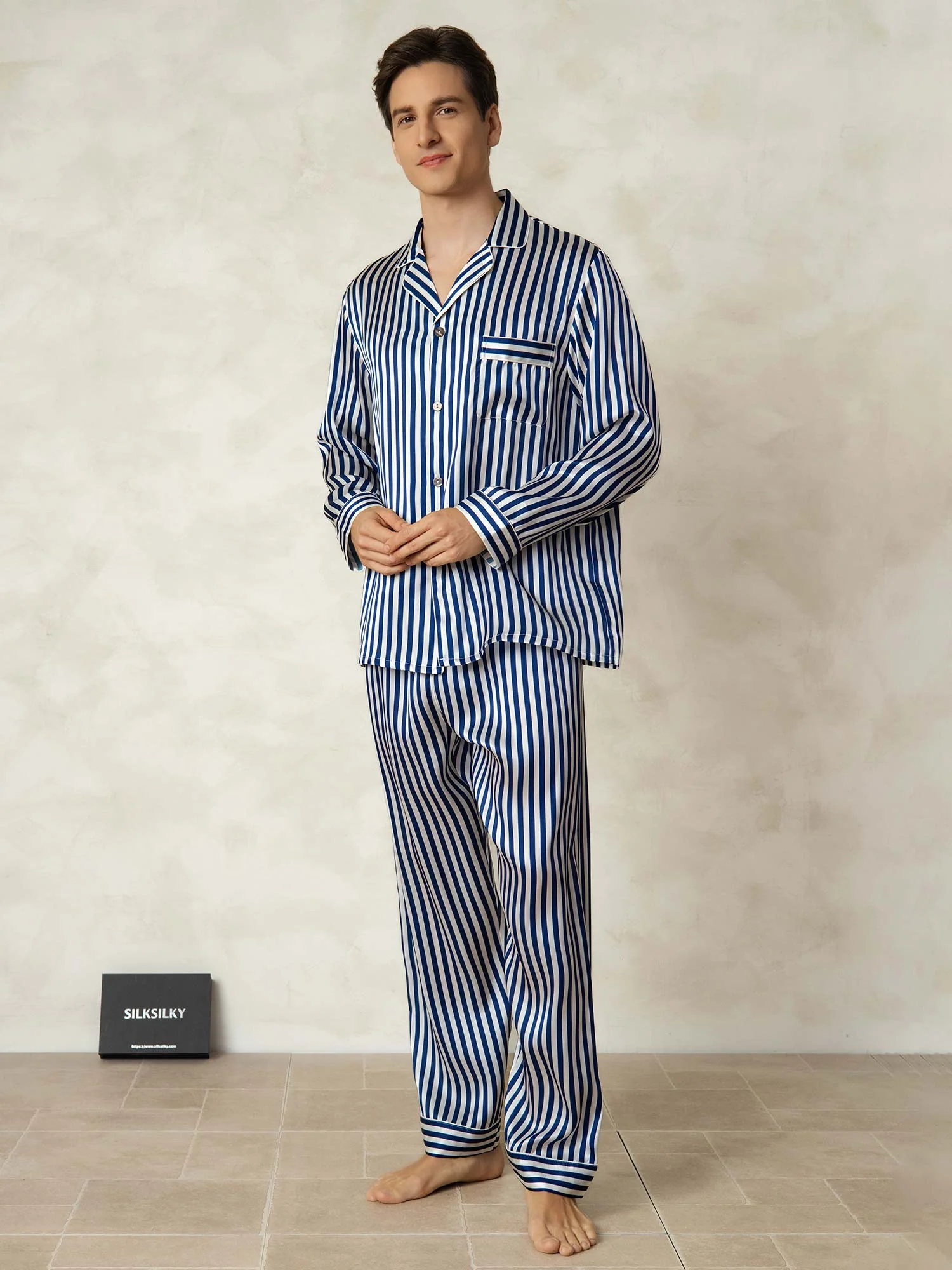 Men's Pure Silk Stripe Print Long Sleeve Notch Collar Pajamas Set - Image 3