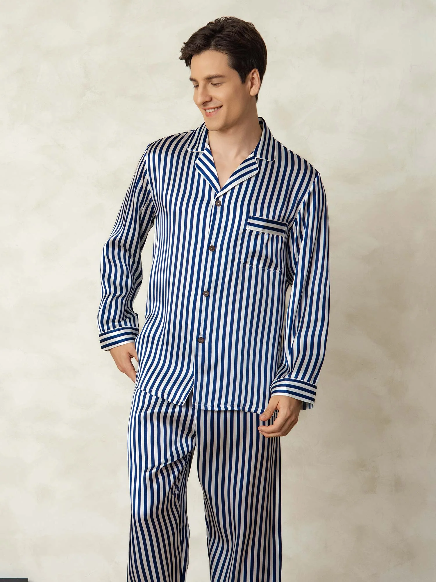 Men's Pure Silk Stripe Print Long Sleeve Notch Collar Pajamas Set - Image 5