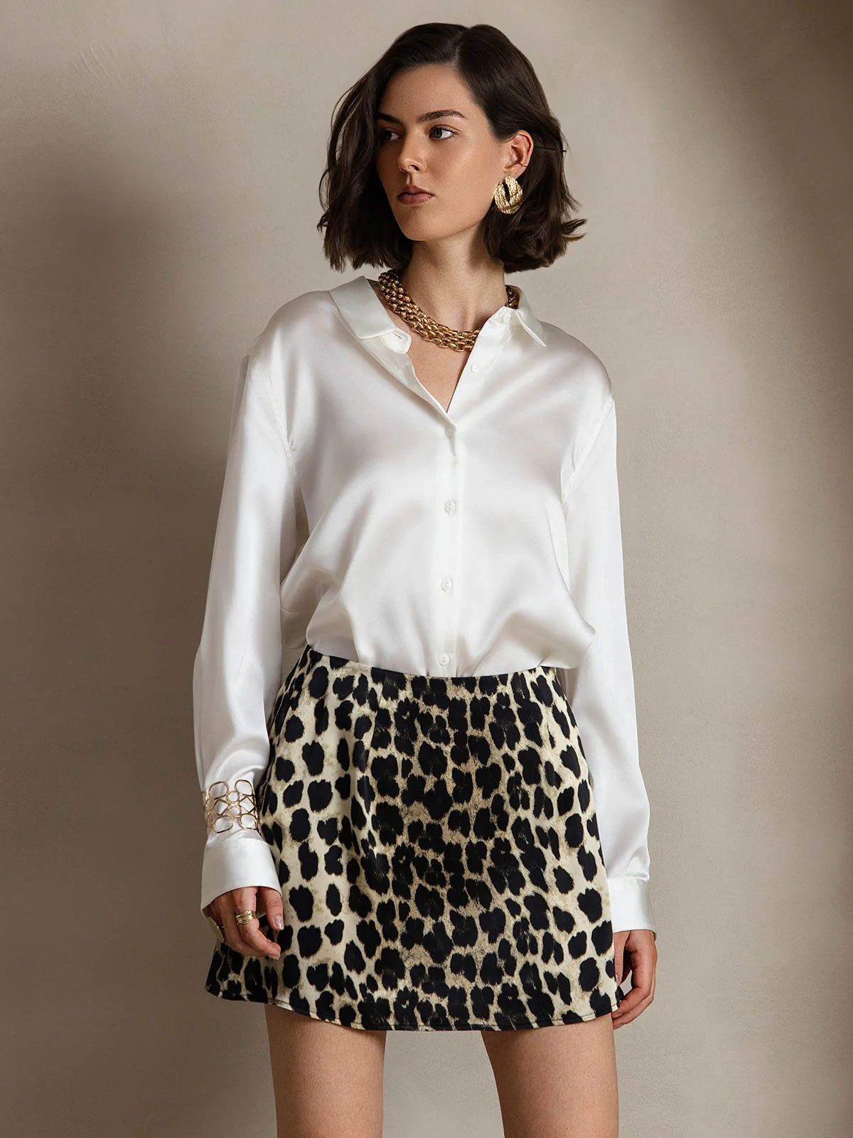 Clearance(Ships to UK Only) - 19Momme Silk Leopard A Line Mini Skirt with Zipper Design - Image 4