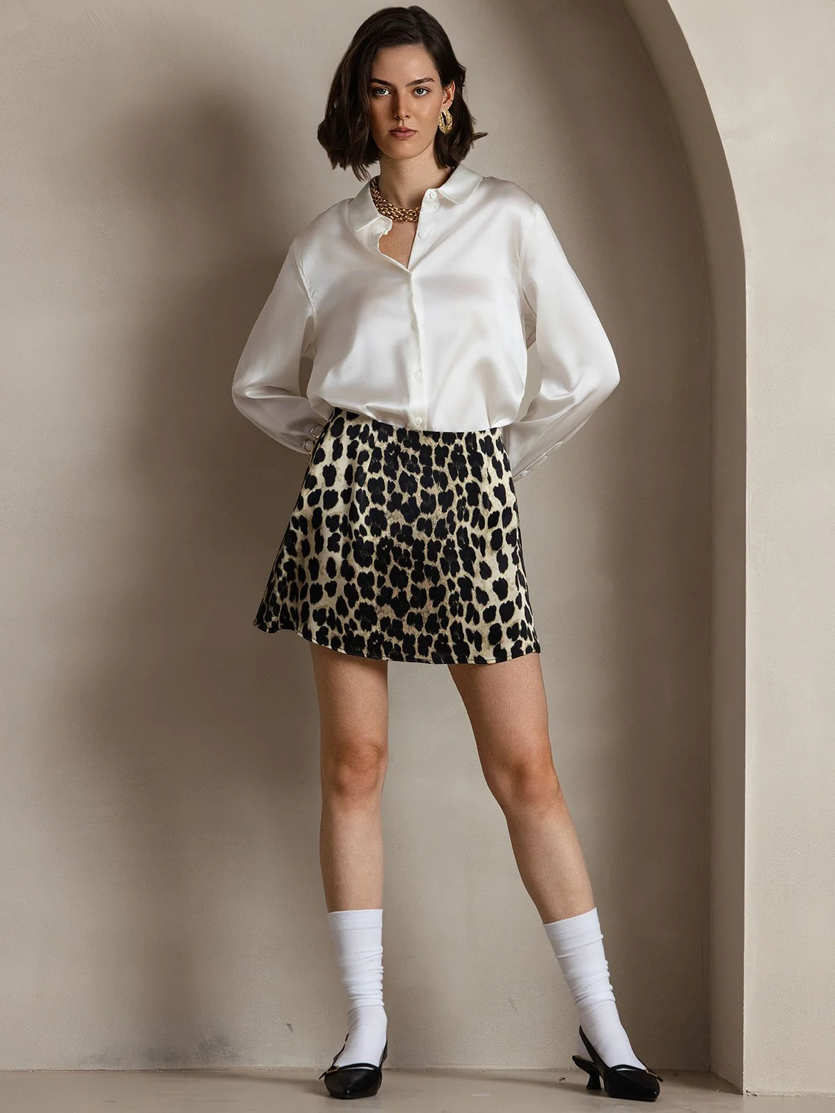 Clearance(Ships to UK Only) - 19Momme Silk Leopard A Line Mini Skirt with Zipper Design - Image 5