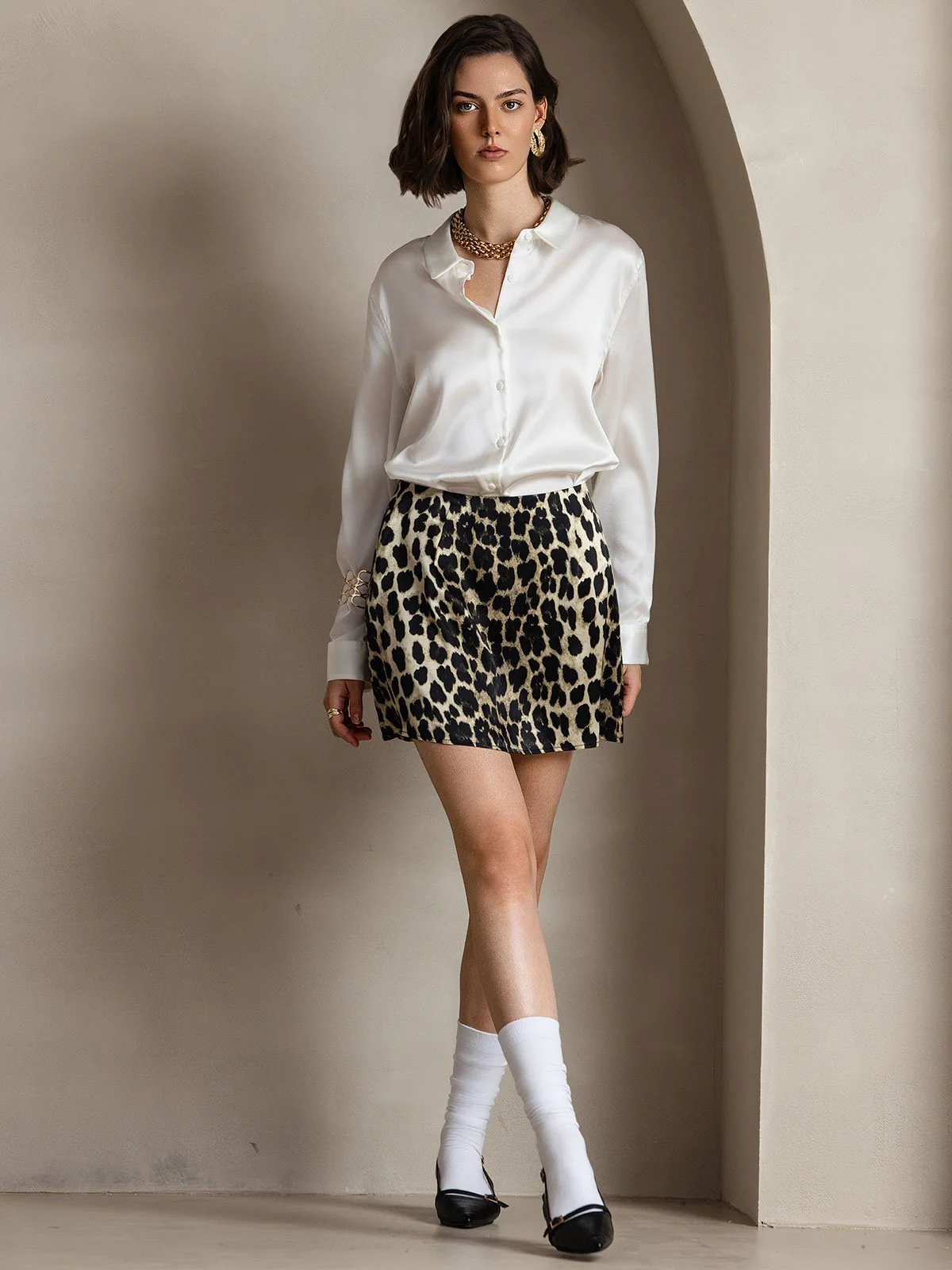 Clearance(Ships to UK Only) - 19Momme Silk Leopard A Line Mini Skirt with Zipper Design - Image 6