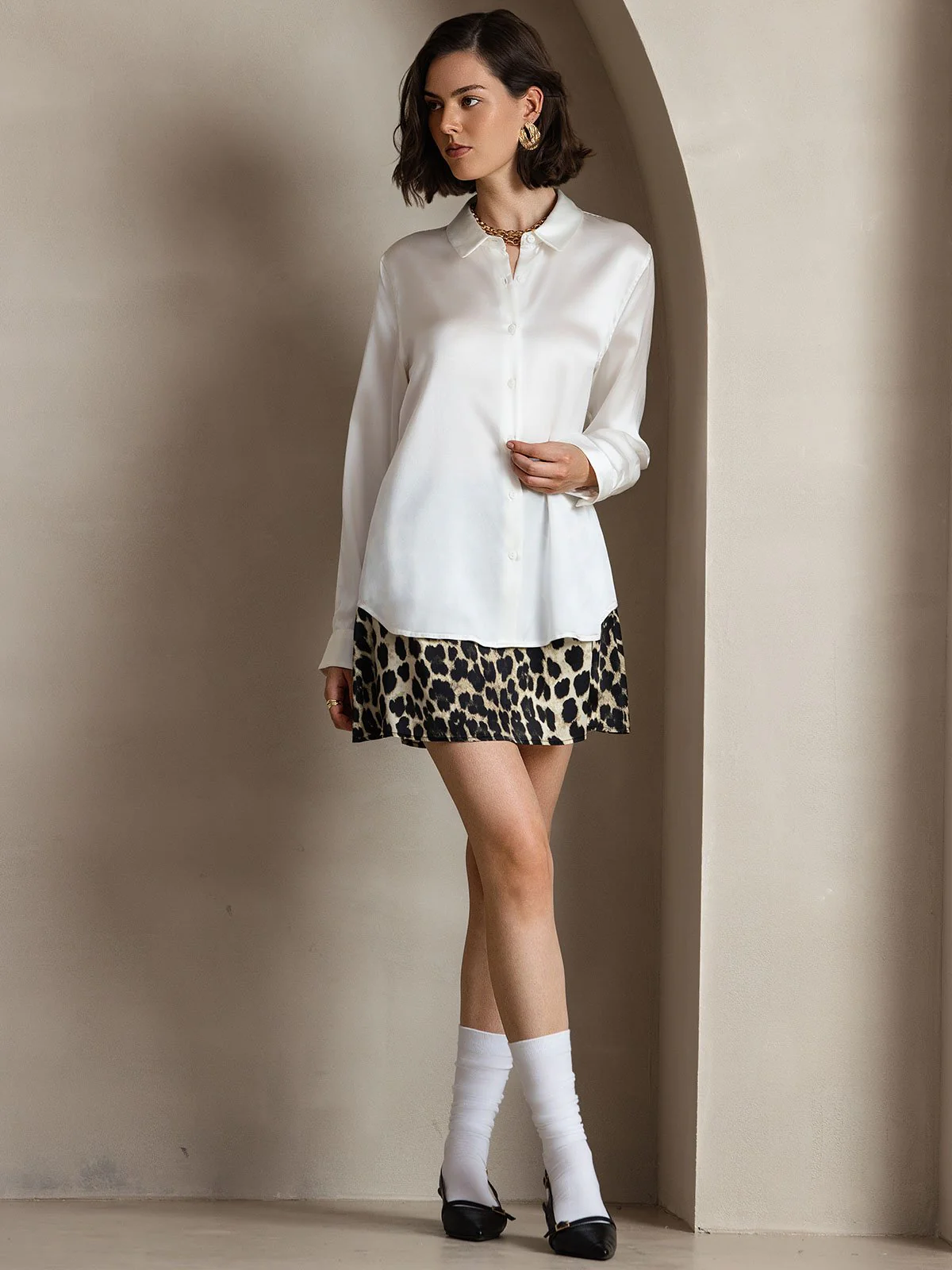 Clearance(Ships to UK Only) - 19Momme Silk Leopard A Line Mini Skirt with Zipper Design - Image 7