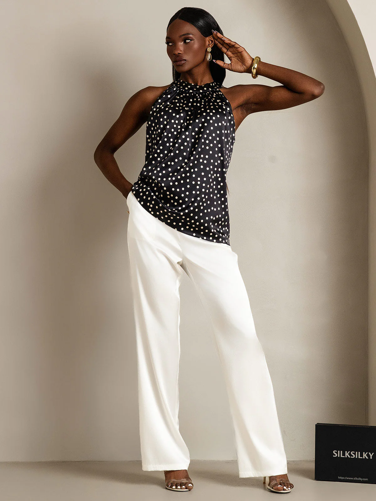 19Momme Women's Silk Polka Dot Print Sleeveless Halter Neck Top - Image 6