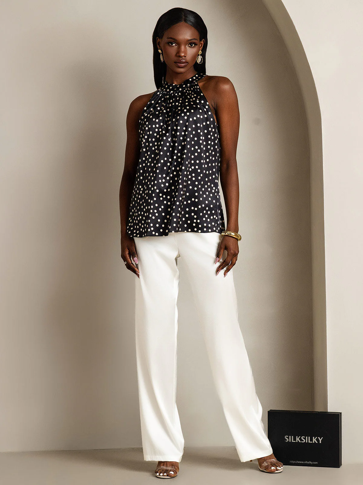 19Momme Women's Silk Polka Dot Print Sleeveless Halter Neck Top - Image 7