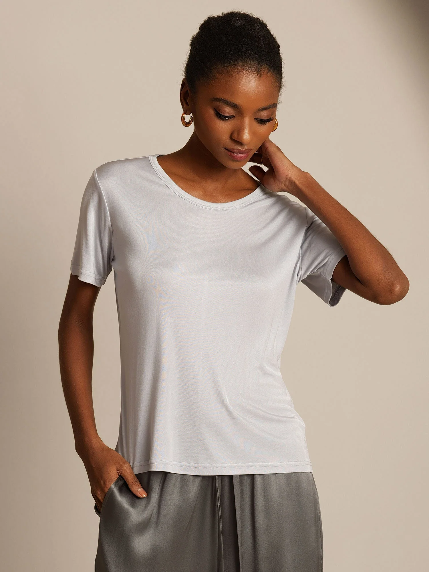 Women's Pure Silk Jersey Short Sleeve Round Neck T-Shirt - Image 21
