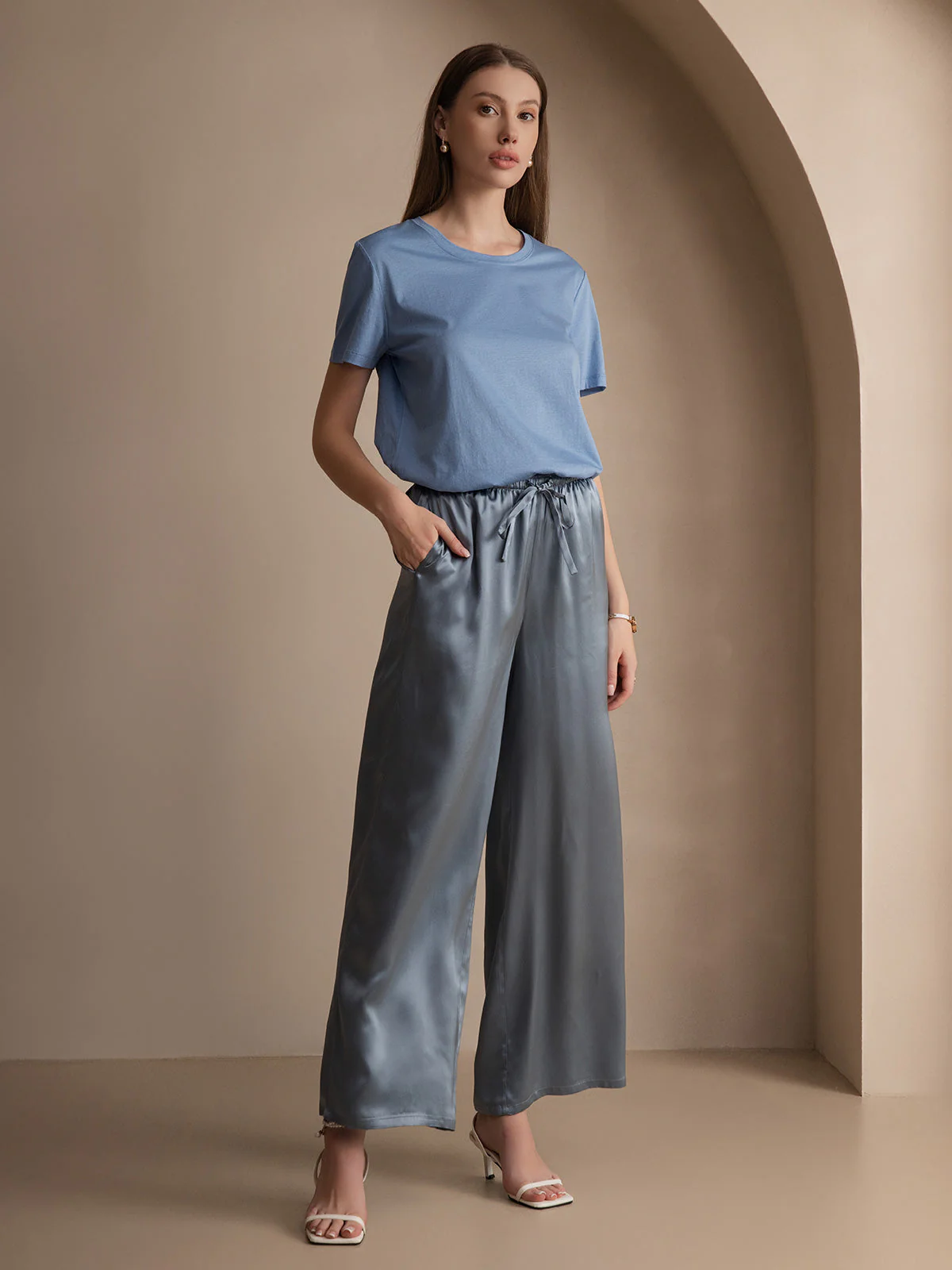 Women's Pure Silk Jersey Short Sleeve Round Neck T-Shirt - Image 28