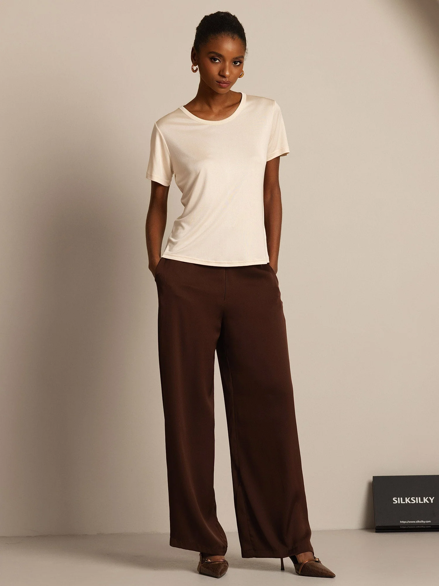 Women's Pure Silk Jersey Short Sleeve Round Neck T-Shirt - Image 34