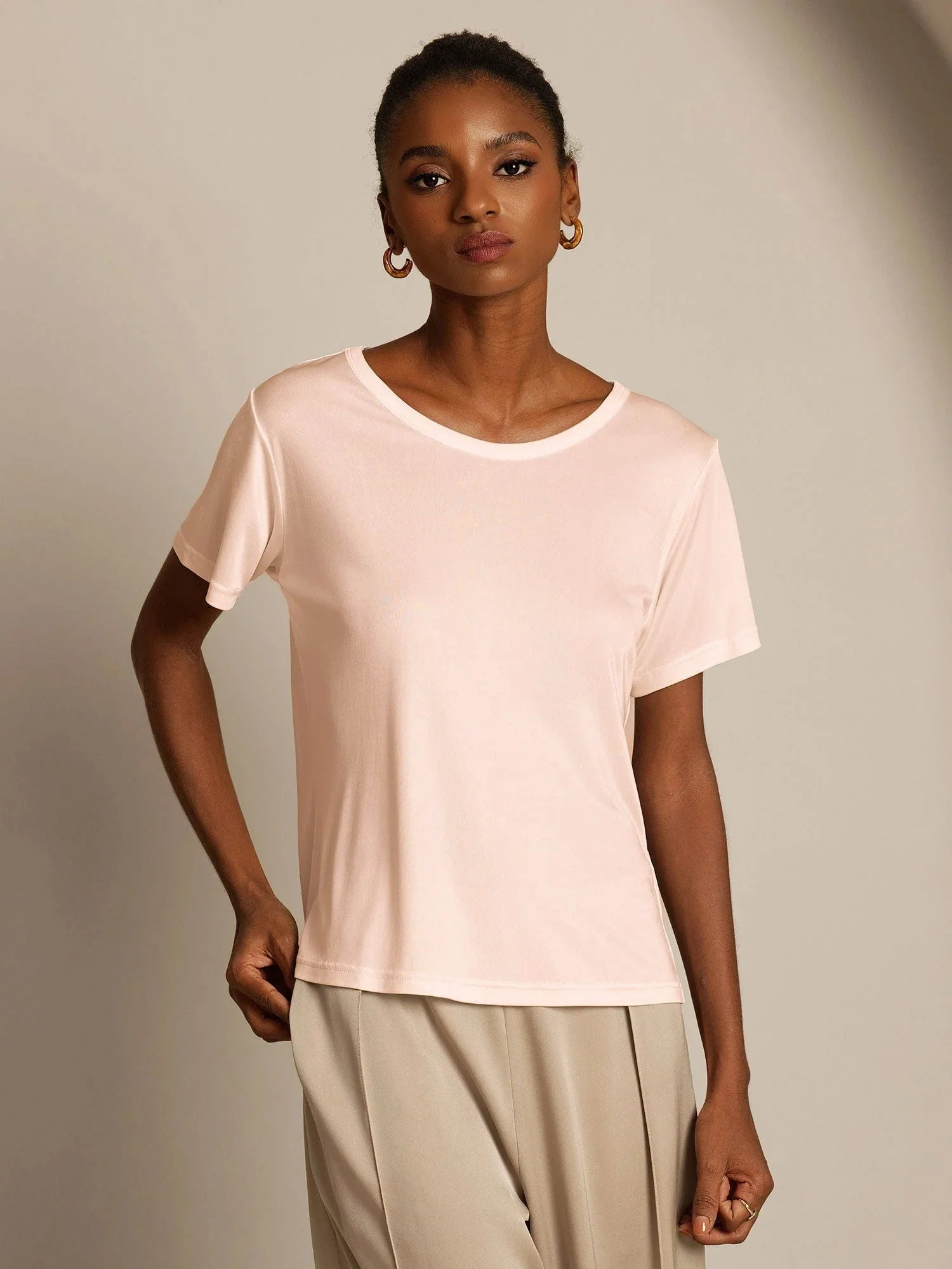 Women's Pure Silk Jersey Short Sleeve Round Neck T-Shirt - Image 36
