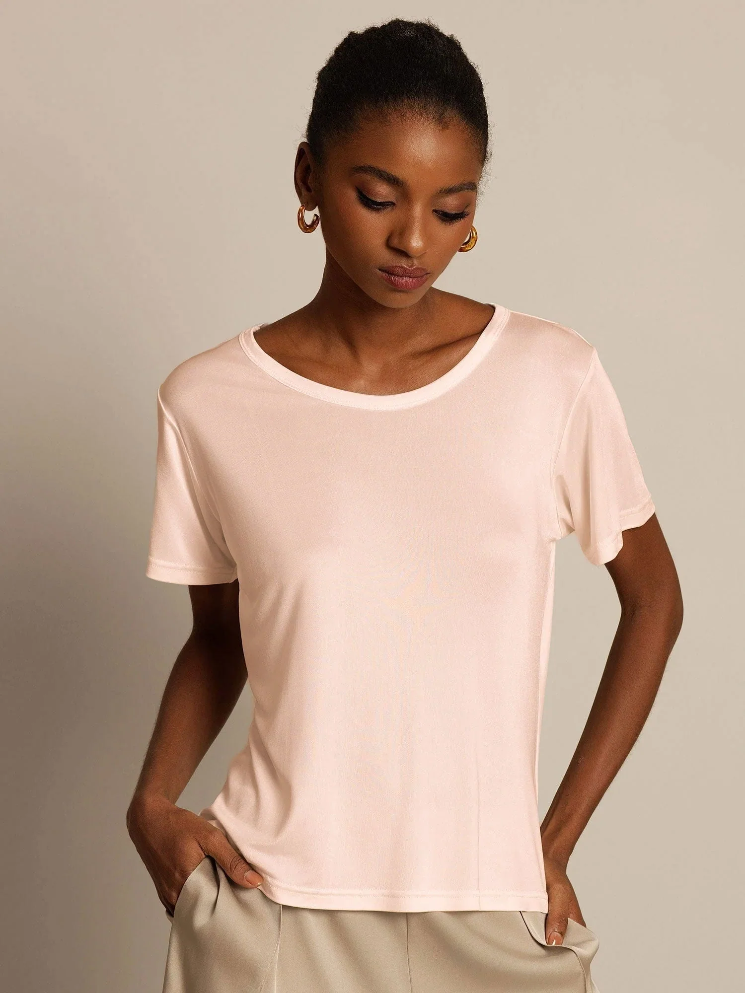 Women's Pure Silk Jersey Short Sleeve Round Neck T-Shirt - Image 38
