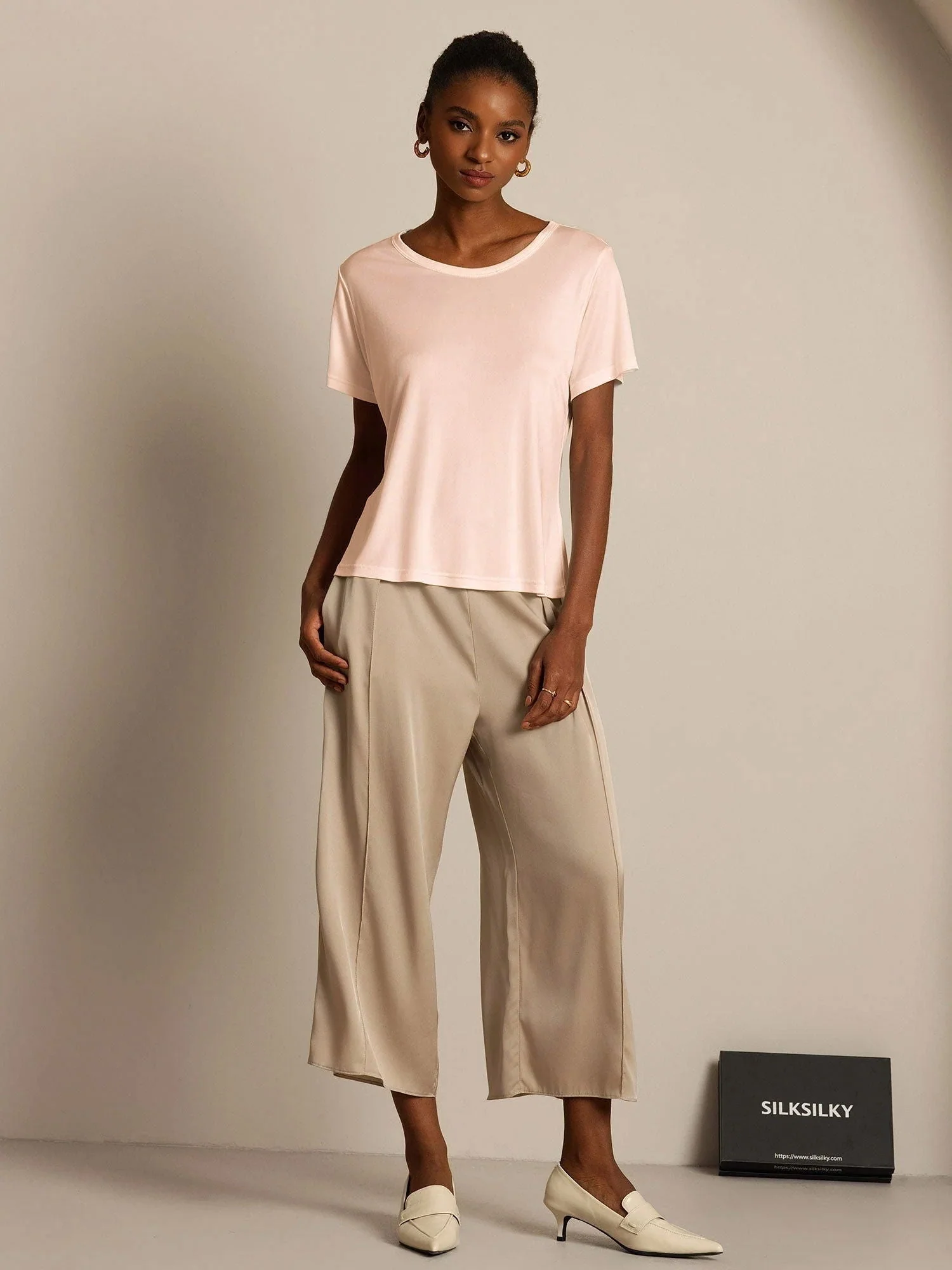 Women's Pure Silk Jersey Short Sleeve Round Neck T-Shirt - Image 41