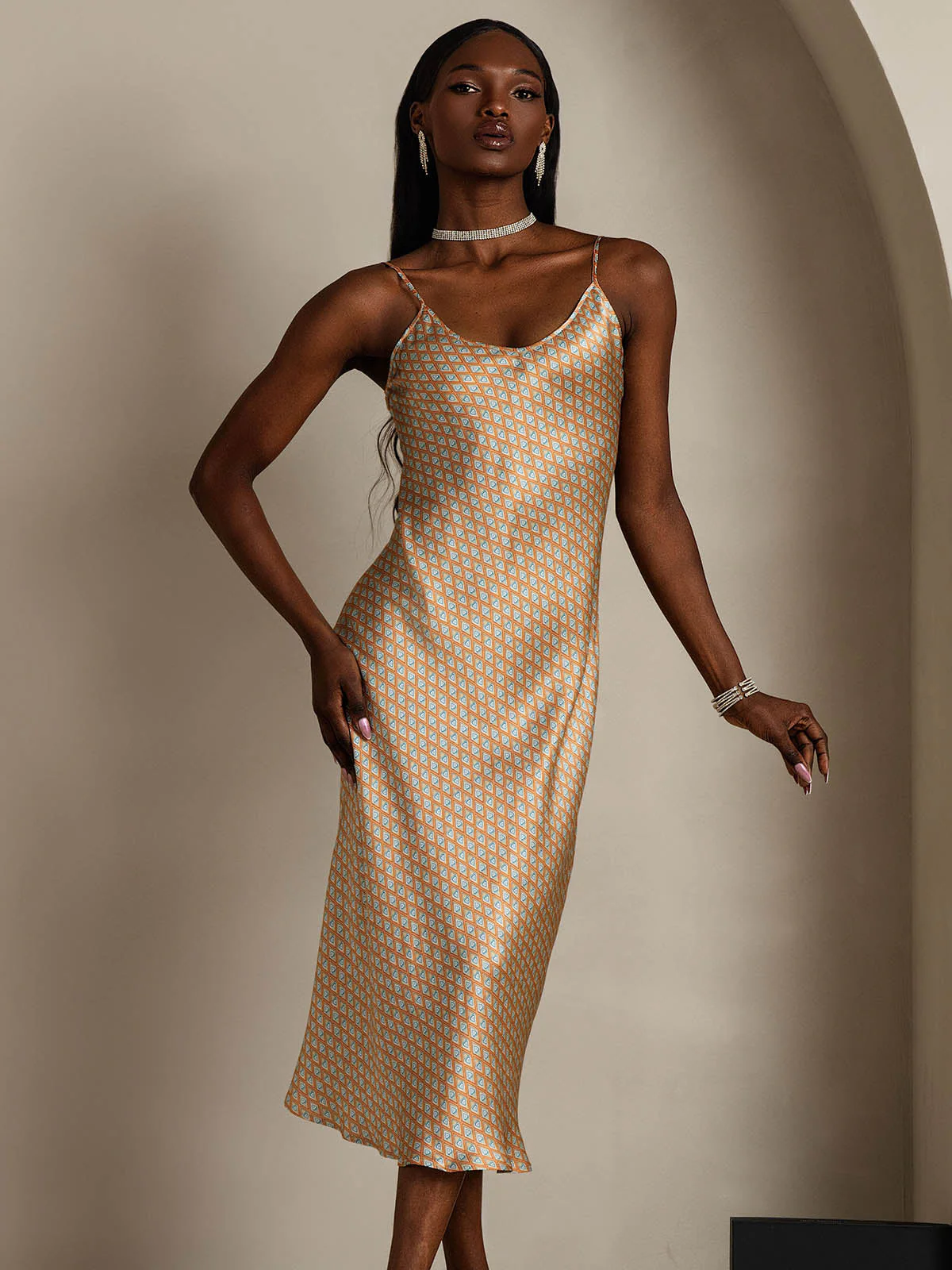 Women's Pure Silk Spaghetti Strap V-neck Midi Nightdress - Image 27