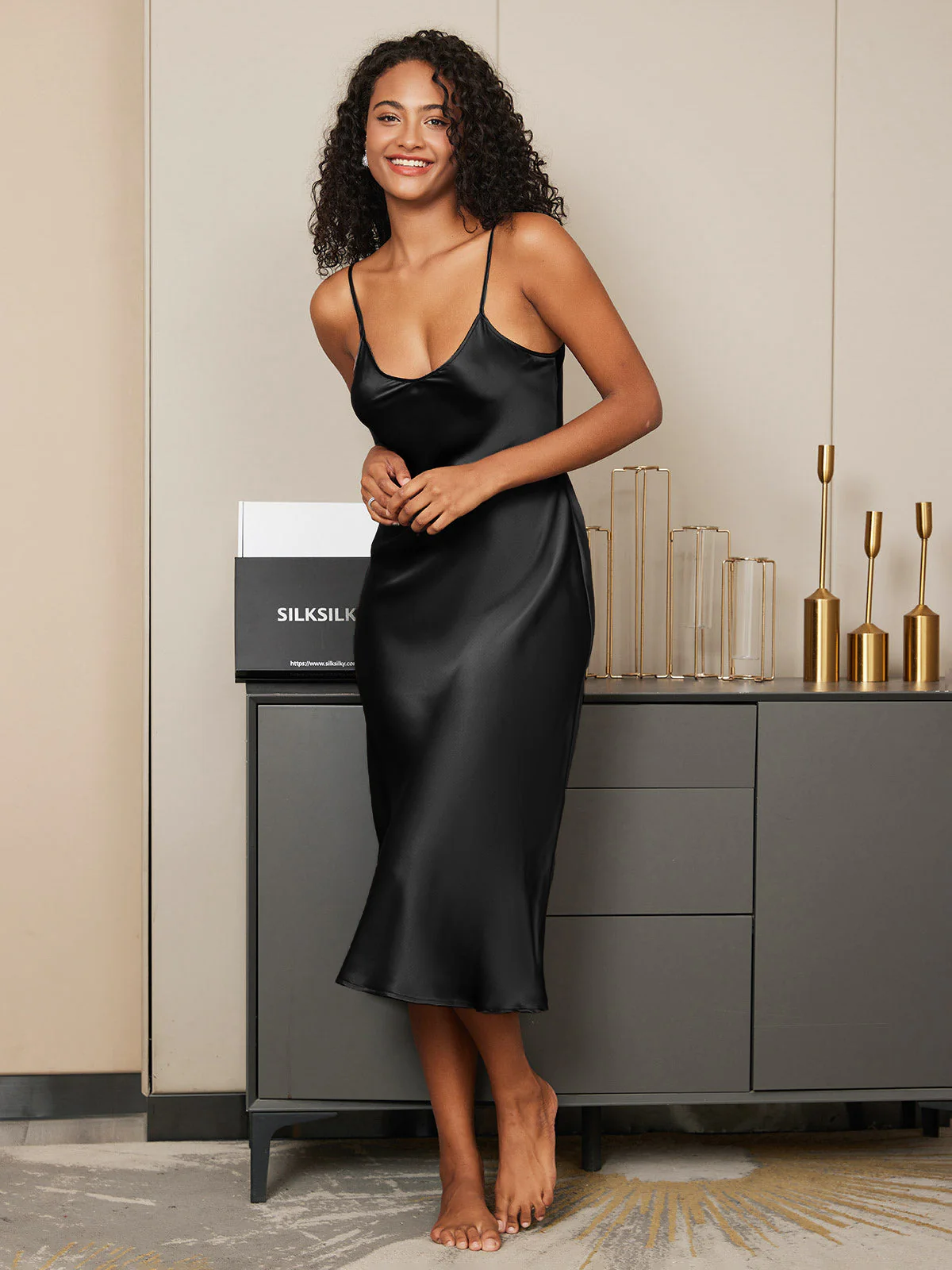 Women's Pure Silk Spaghetti Strap V-neck Midi Nightdress - Image 65
