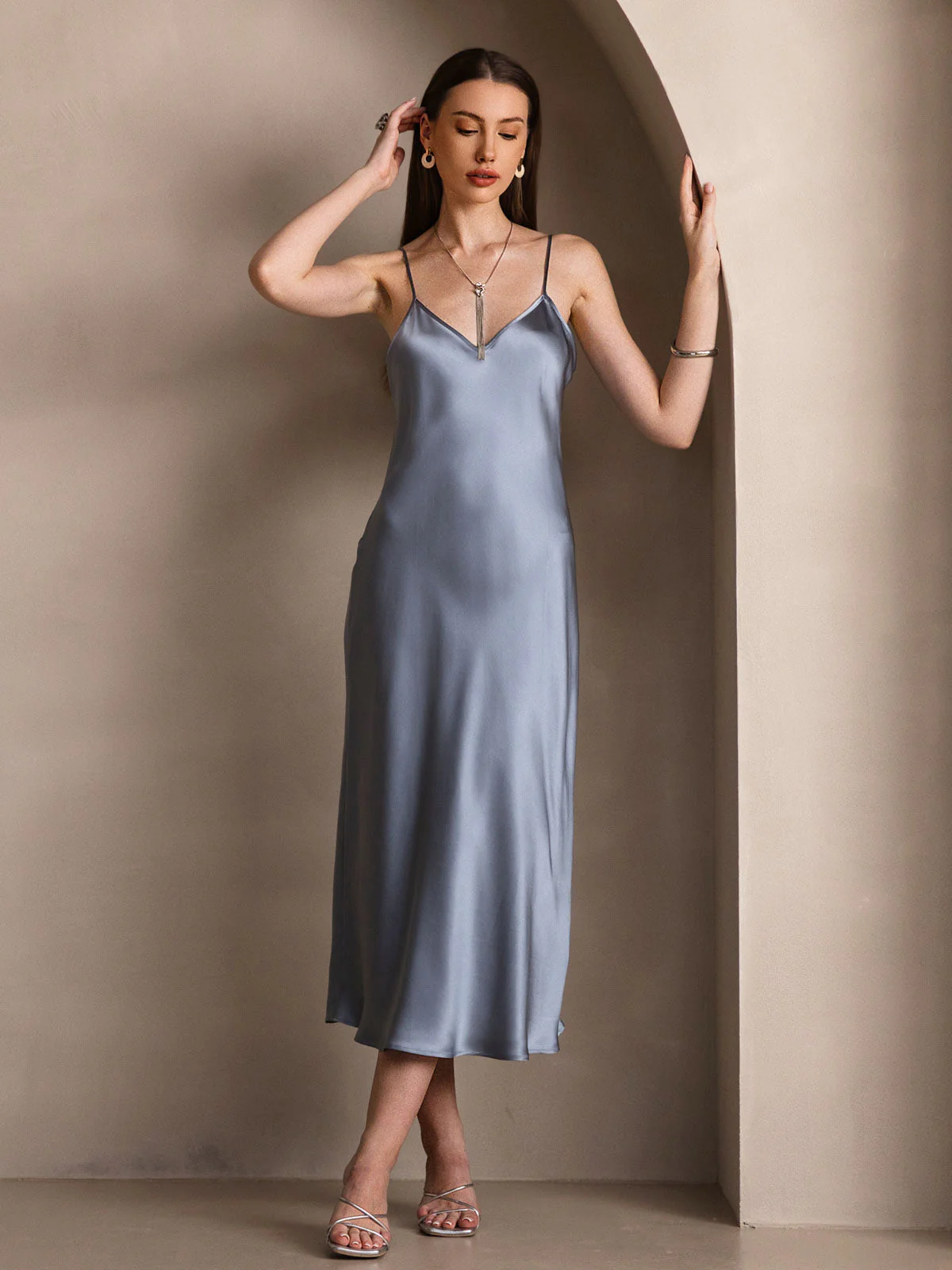 Pure Silk Spaghetti Strap Midi Dress - Image 13