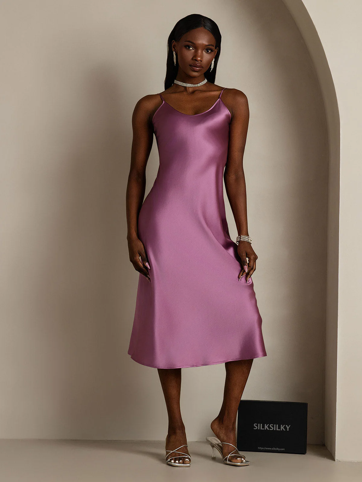 Pure Silk Spaghetti Strap Midi Dress - Image 17