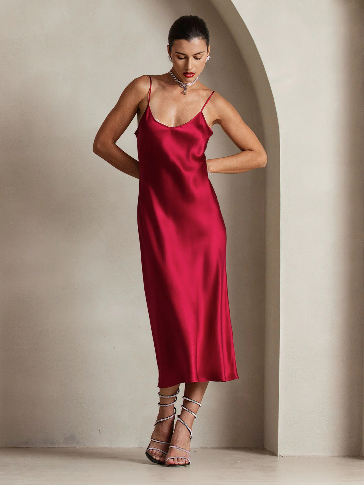 Pure Silk Spaghetti Strap Midi Dress - Image 3