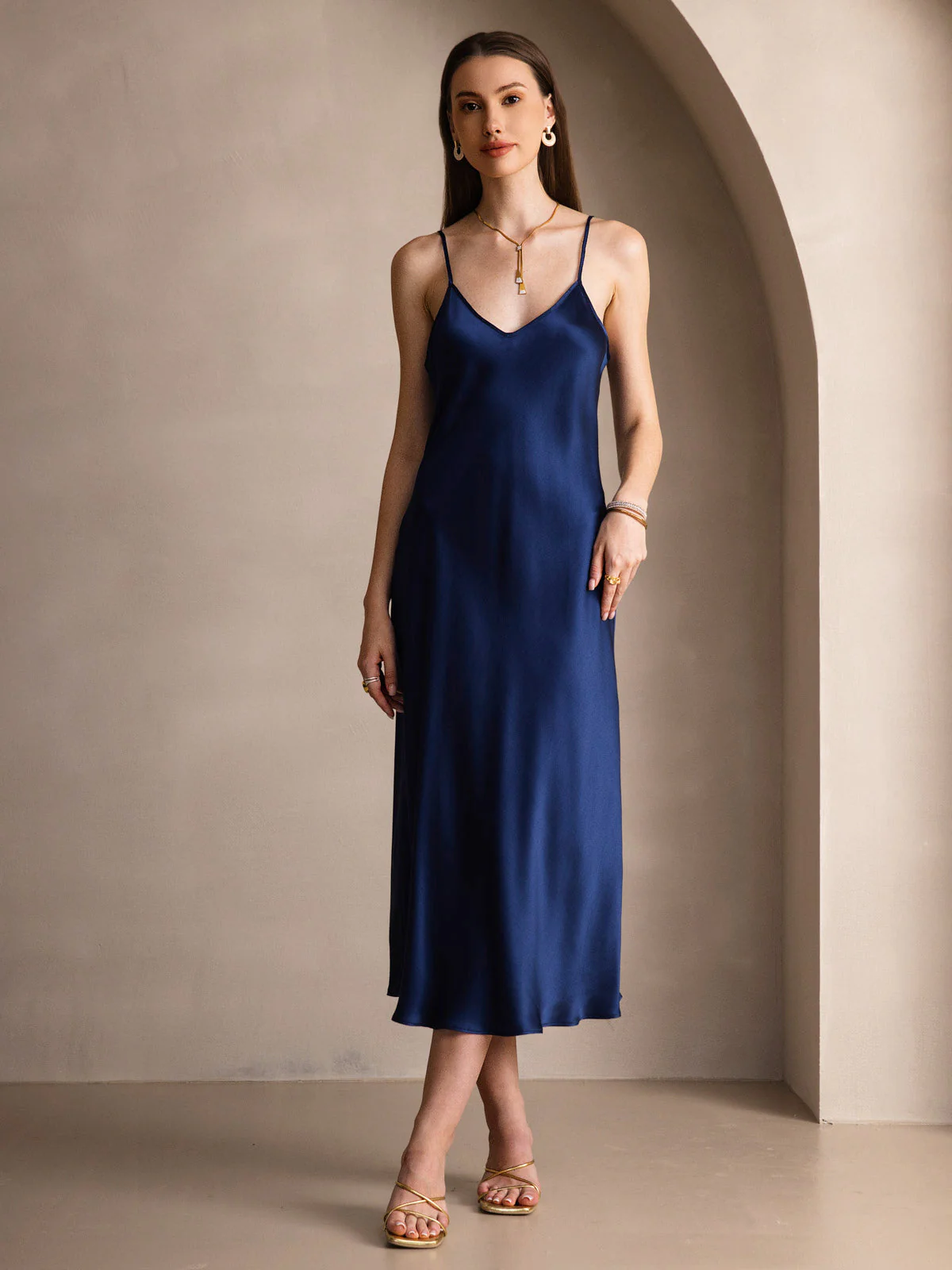 Pure Silk Spaghetti Strap Midi Dress - Image 35