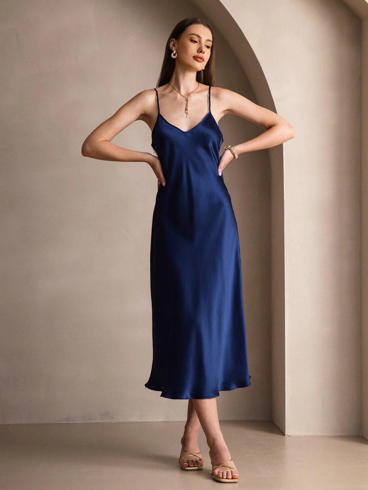Pure Silk Spaghetti Strap Midi Dress - Image 36