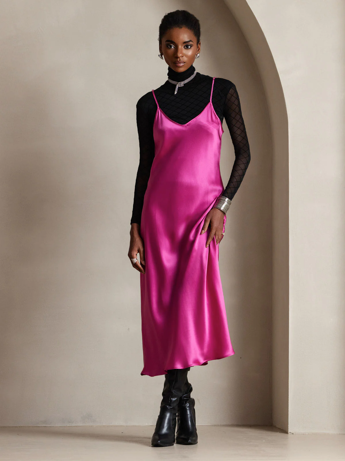 Pure Silk Spaghetti Strap Midi Dress - Image 65