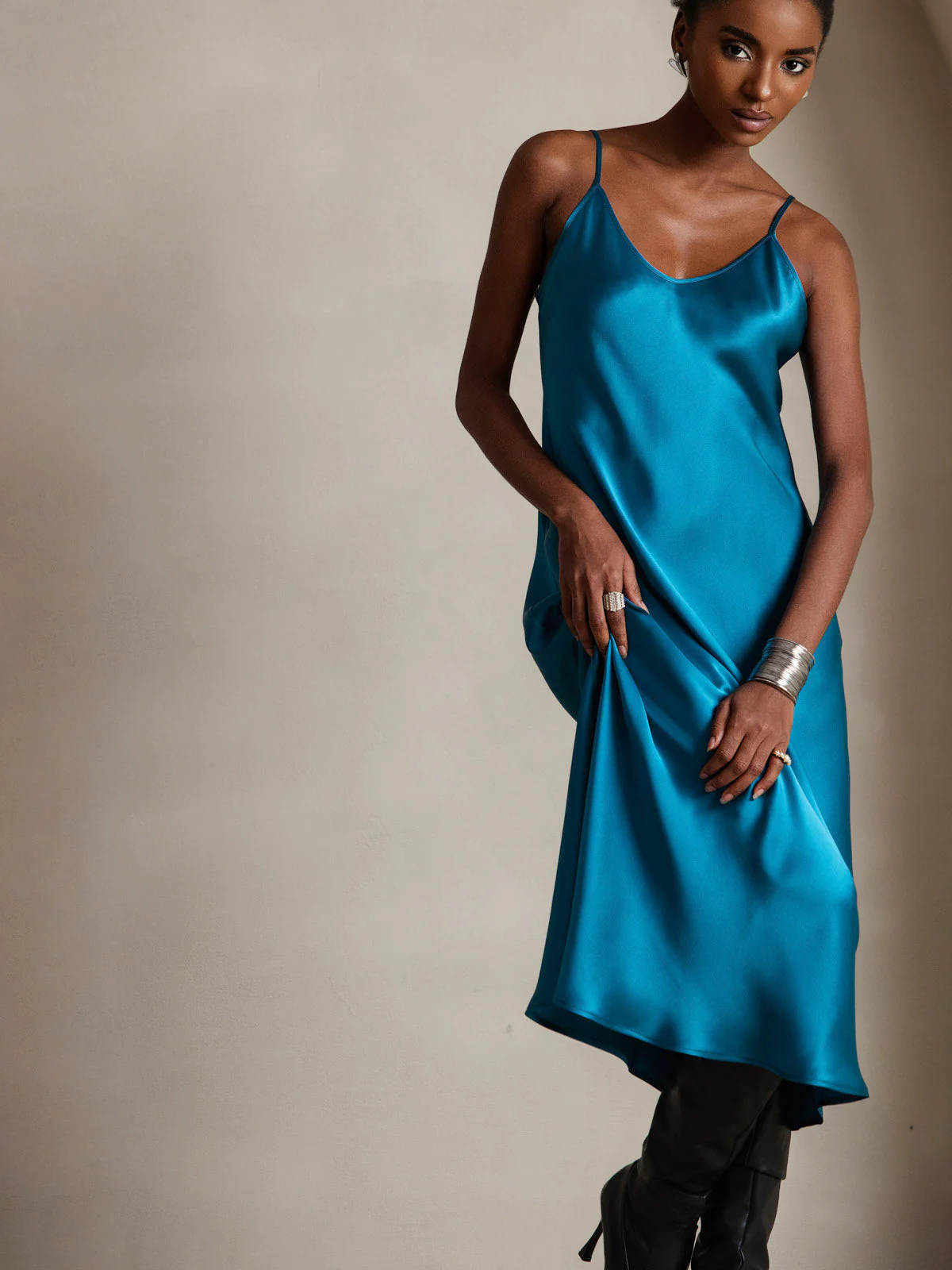 Pure Silk Spaghetti Strap Midi Dress - Image 70