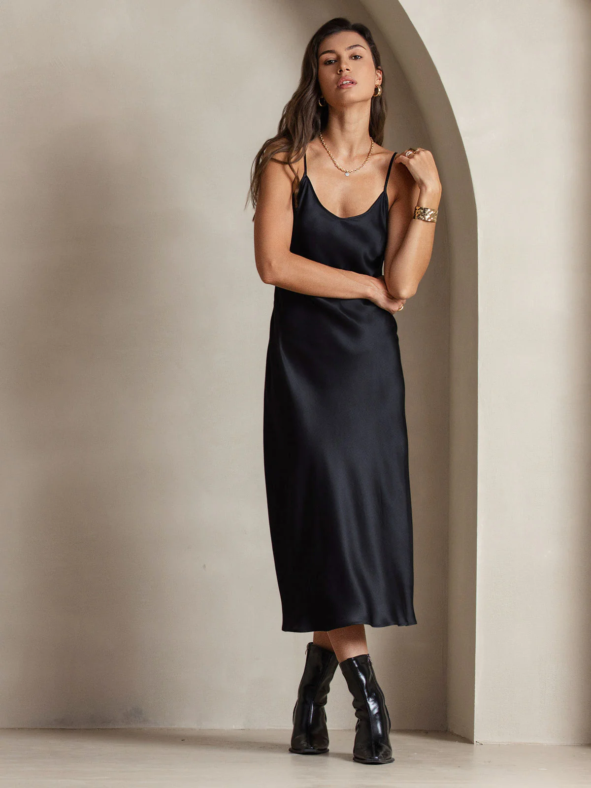 Pure Silk Spaghetti Strap V Neck Midi Dress - Image 12