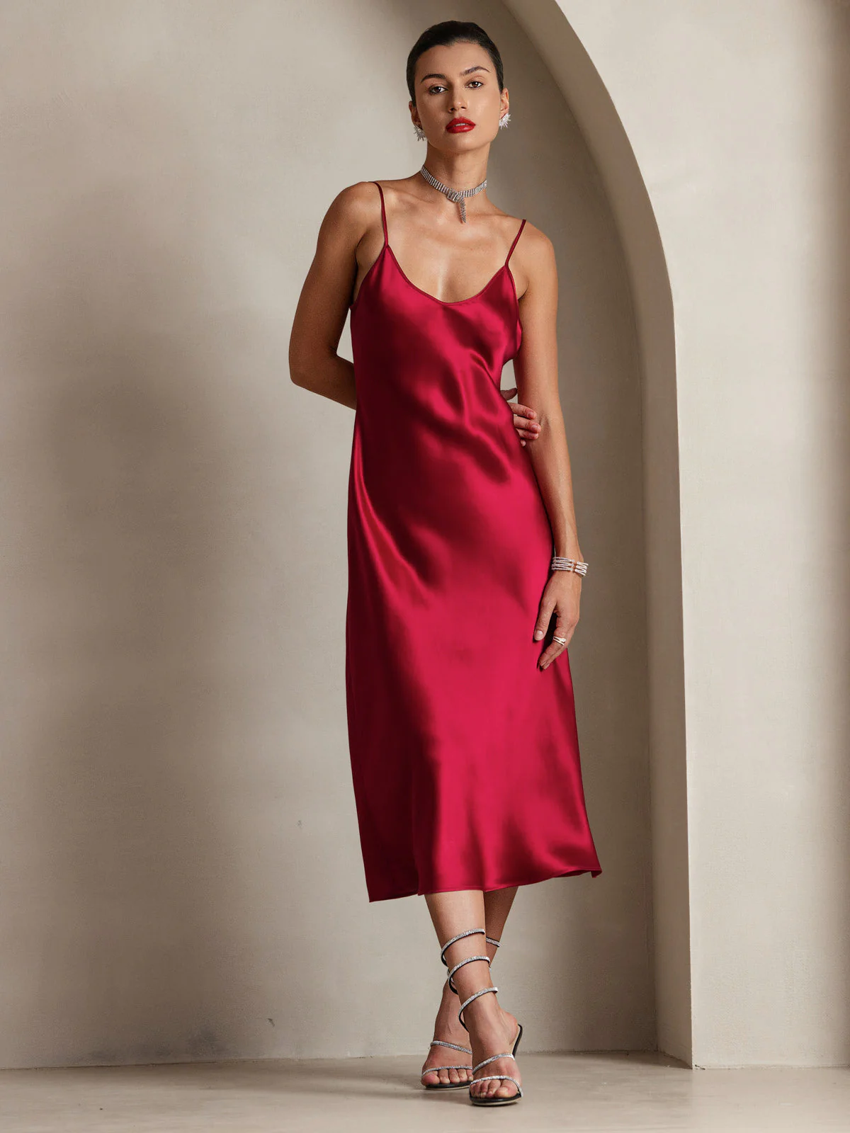 Pure Silk Spaghetti Strap V Neck Midi Dress - Image 15