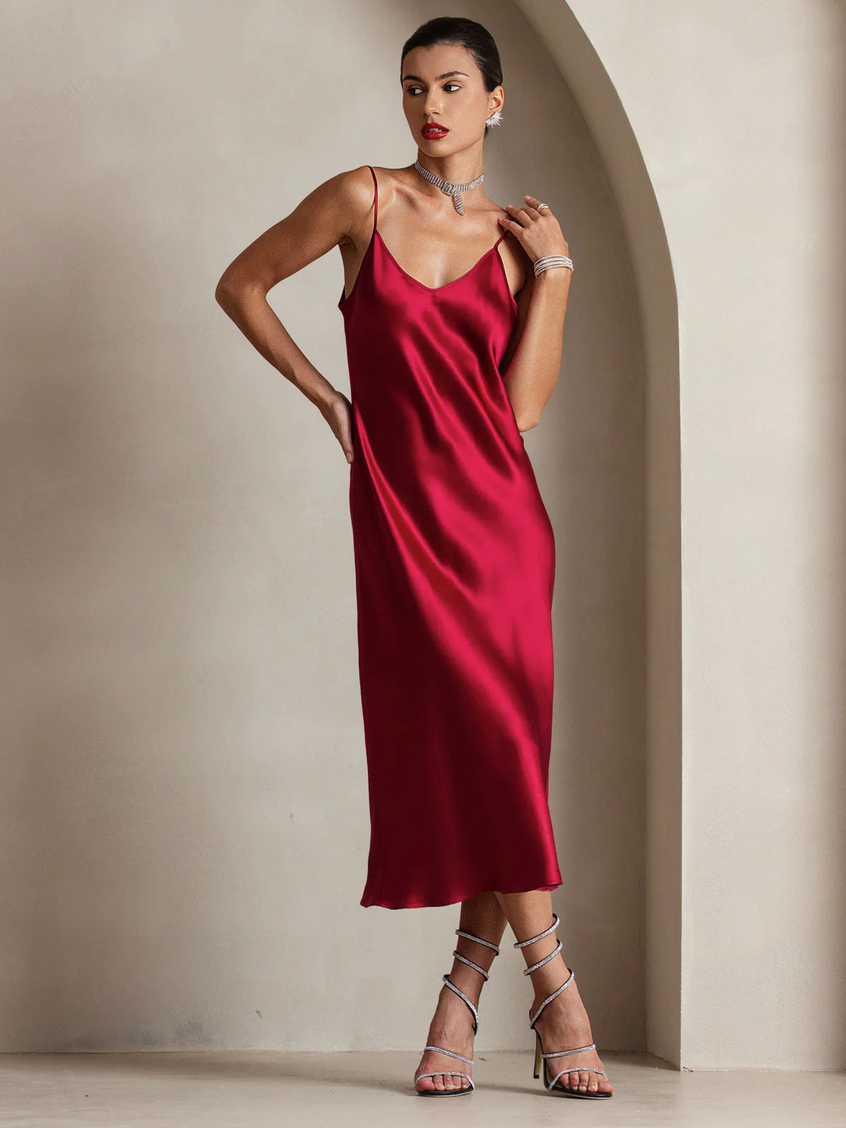 Pure Silk Spaghetti Strap V Neck Midi Dress - Image 17