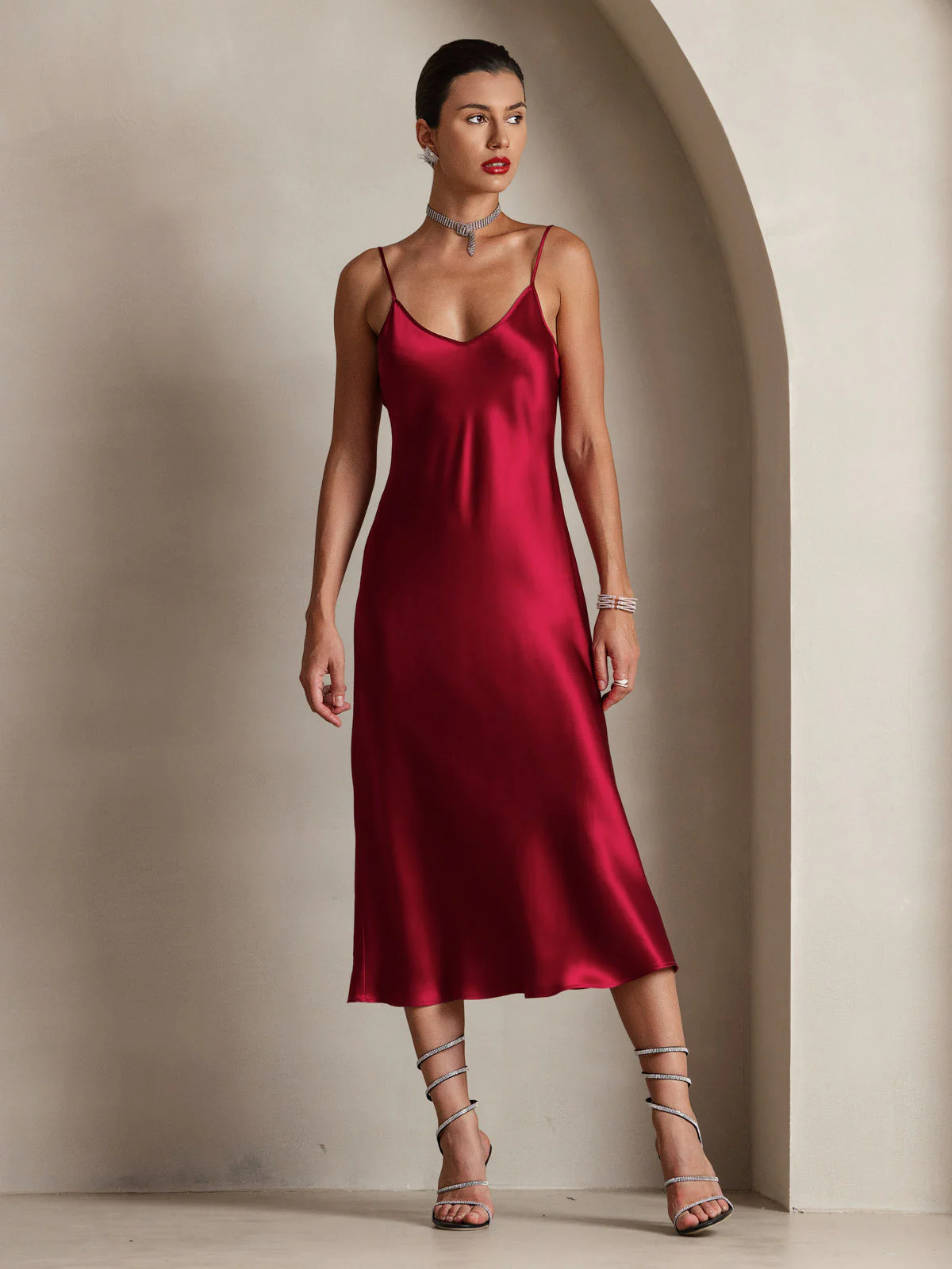 Pure Silk Spaghetti Strap V Neck Midi Dress - Image 20