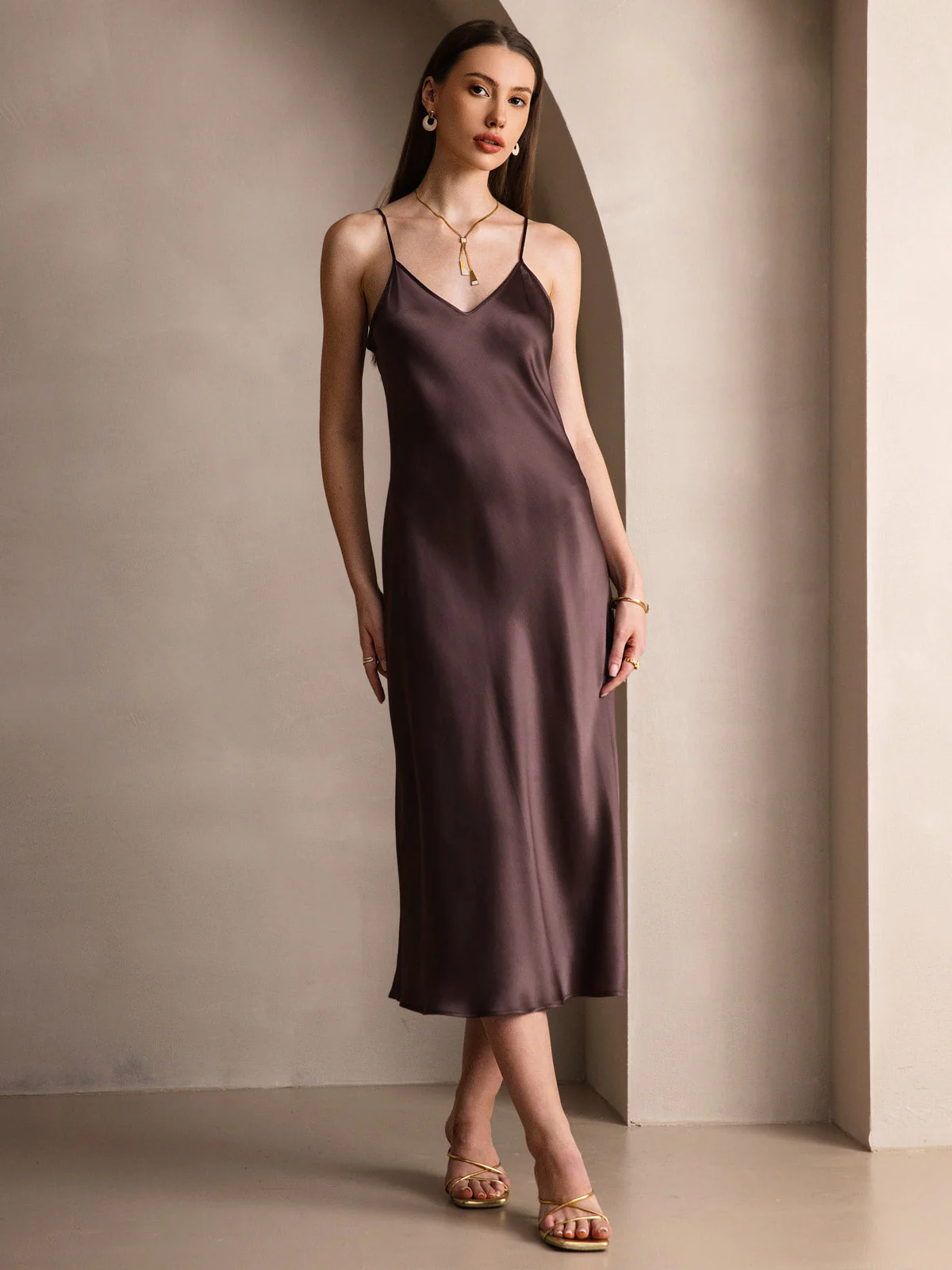 Pure Silk Spaghetti Strap V Neck Midi Dress - Image 21