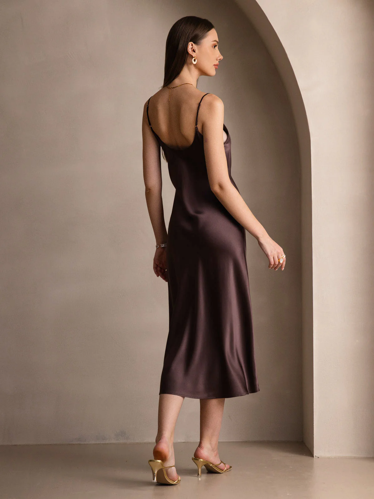 Pure Silk Spaghetti Strap V Neck Midi Dress - Image 22