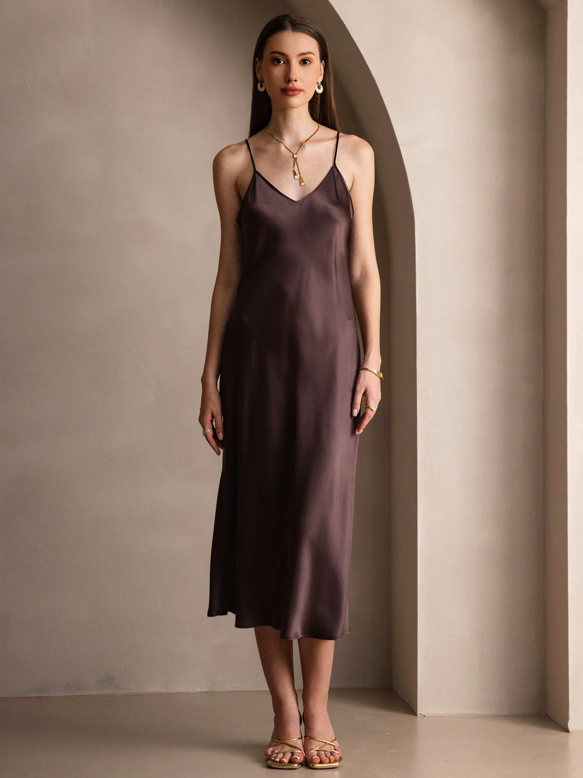 Pure Silk Spaghetti Strap V Neck Midi Dress - Image 23