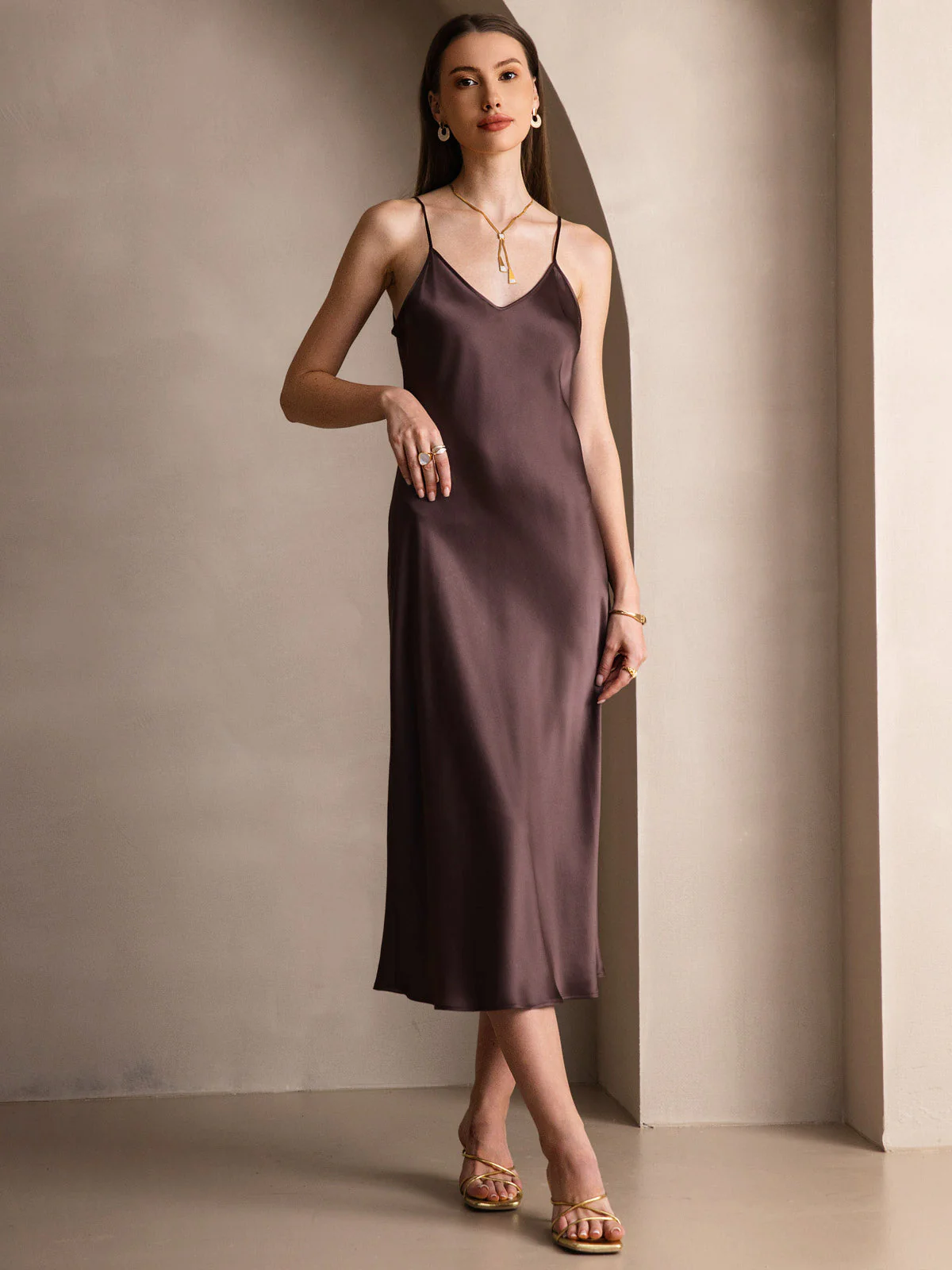 Pure Silk Spaghetti Strap V Neck Midi Dress - Image 24