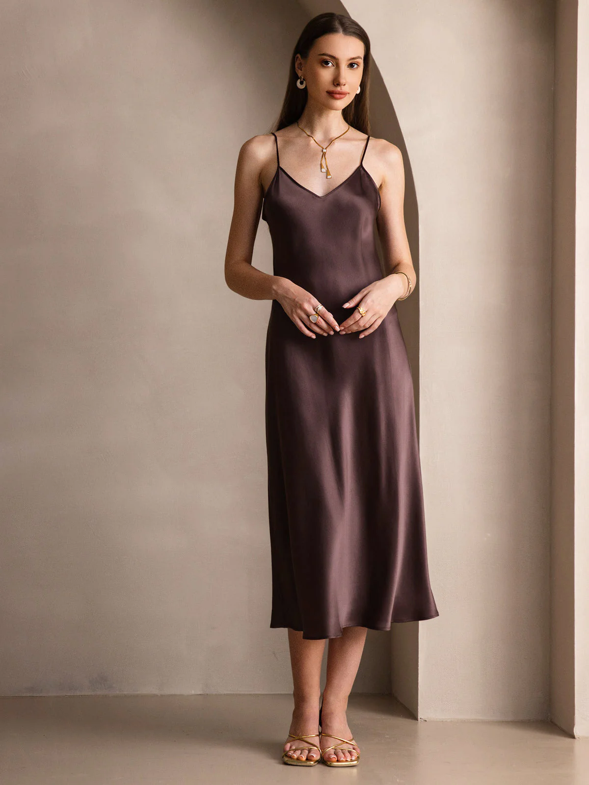 Pure Silk Spaghetti Strap V Neck Midi Dress - Image 25