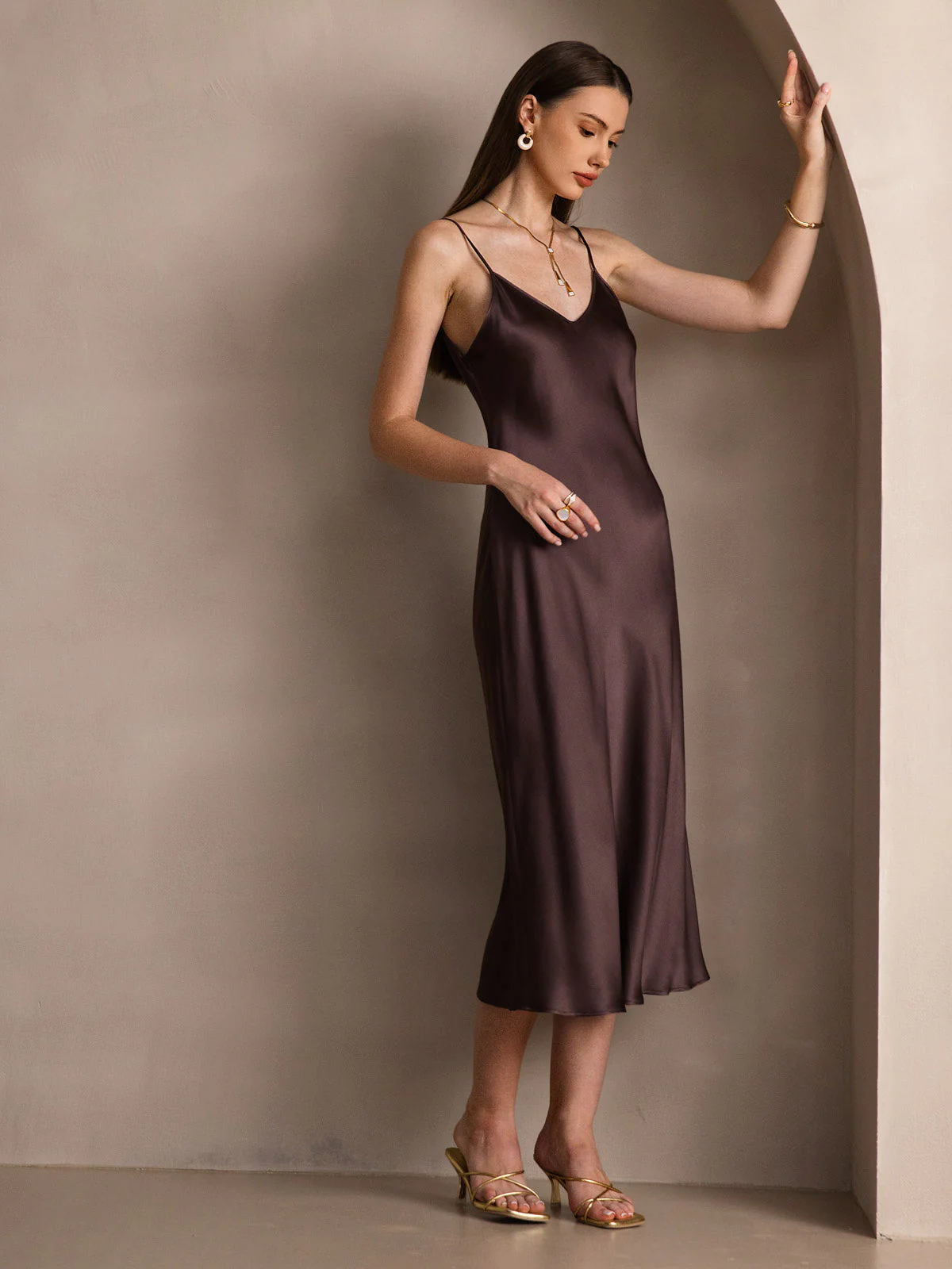Pure Silk Spaghetti Strap V Neck Midi Dress - Image 28